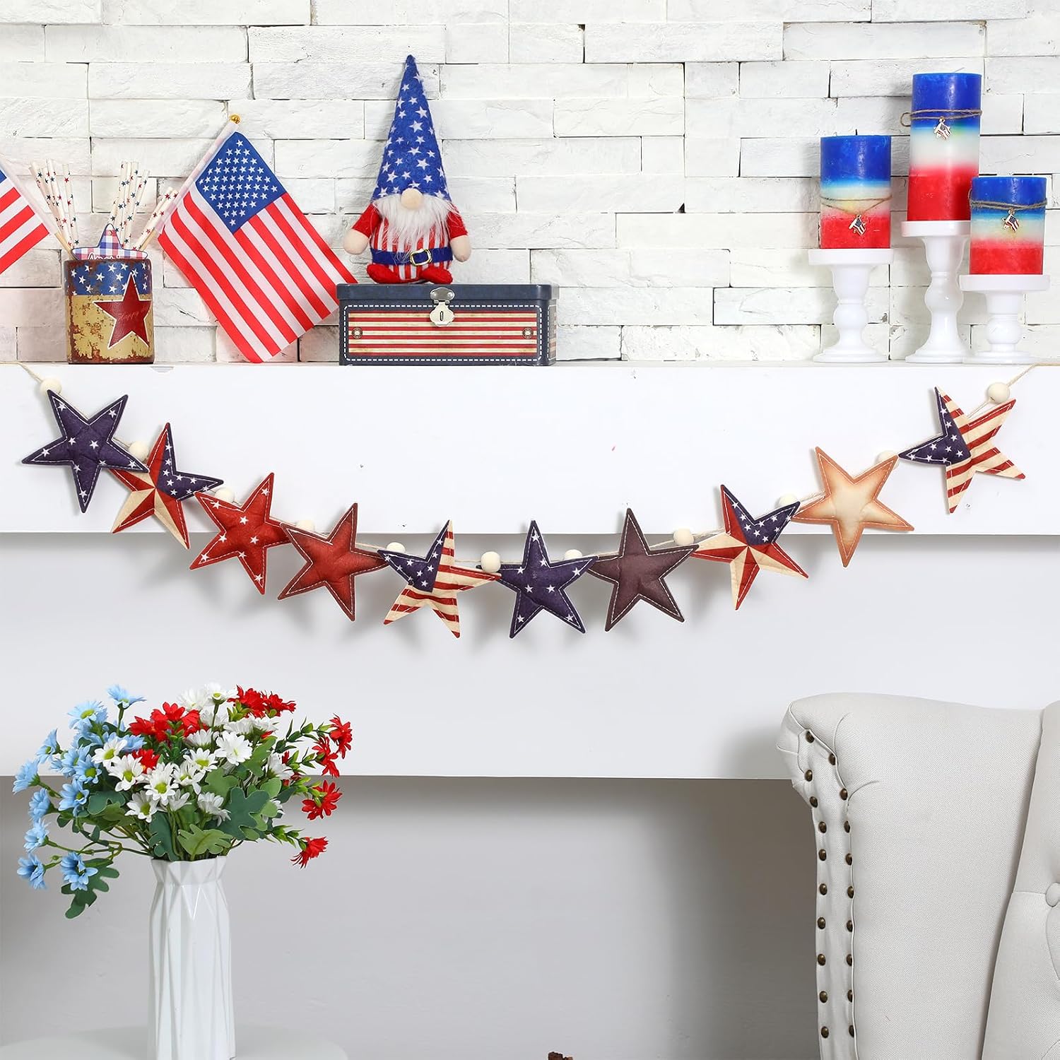 Cinnvoice 4th of July Decorations Patriotic Star Garland, Red White Blue Stars & American Flag Banner, Rustic Farmhouse Mantel Fireplace Garland for 250th Independence Day, Memorial Day Wall Decor