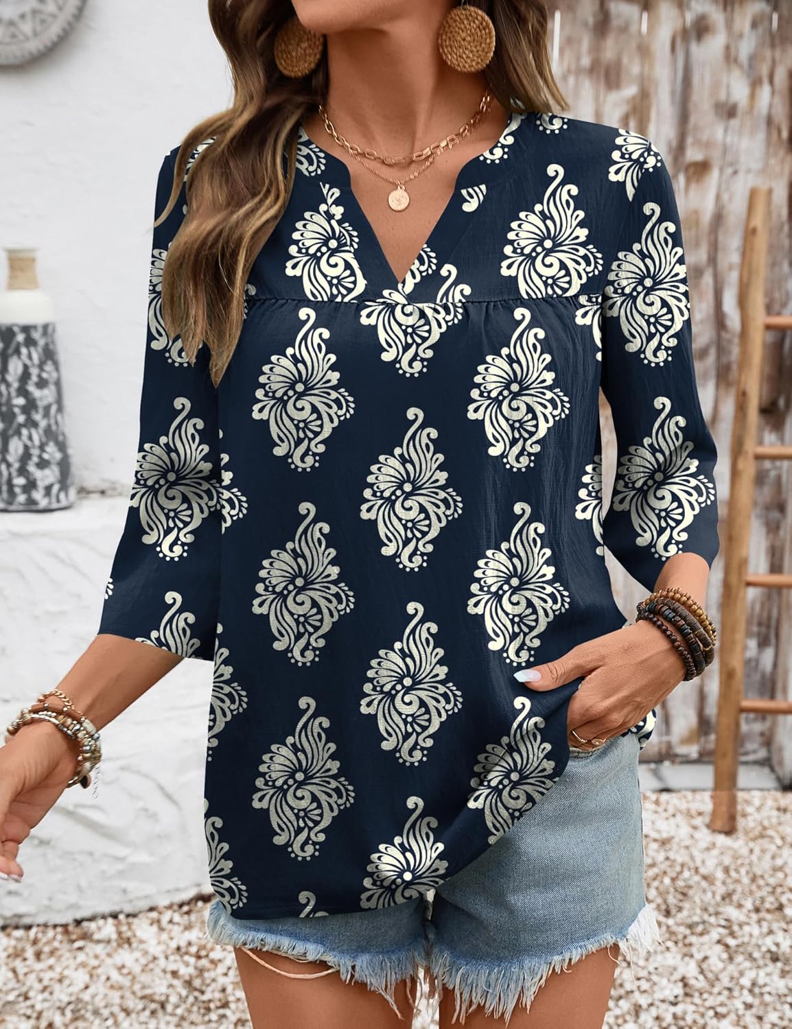 Rapbin Womens 3/4 Sleeve V Neck Floral Print Pleated Blouses for Women Dressy Casual Loose Fit Tops - Image 4