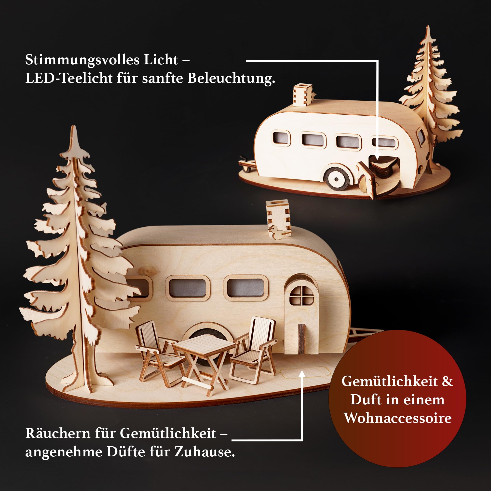 Saico - Räucherwohnwagen groß Einachser - Räucherhaus Erzgebirge mit LED-Beleuchtung, Räucherkerzenhalter mit LED-Teelicht, Geschenkidee, Holzkunst Erzgebirge - 28 x 18 x 16 cm - Made in Germany