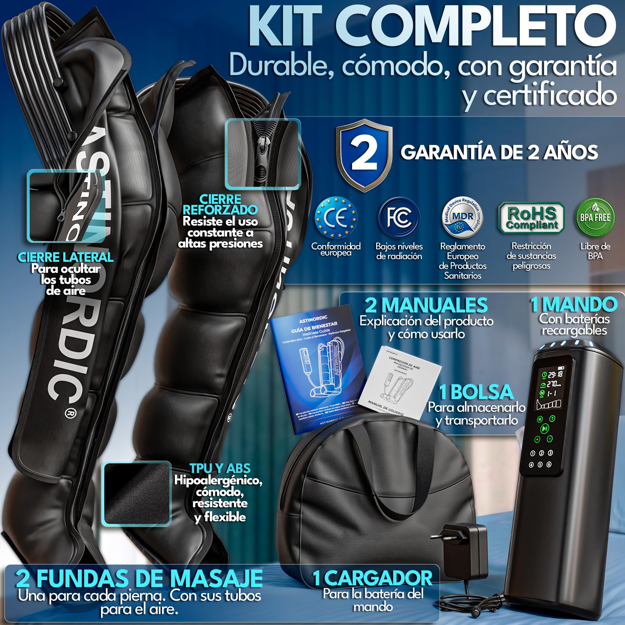 Presoterapia para Casa 270 mmHg, Botas Presoterapia Piernas con 6 Cámaras y 12 Modos Máquina de Compresión Aire, Drenaje Linfático, Profesional Portátil + Guía de Bienestar (L)