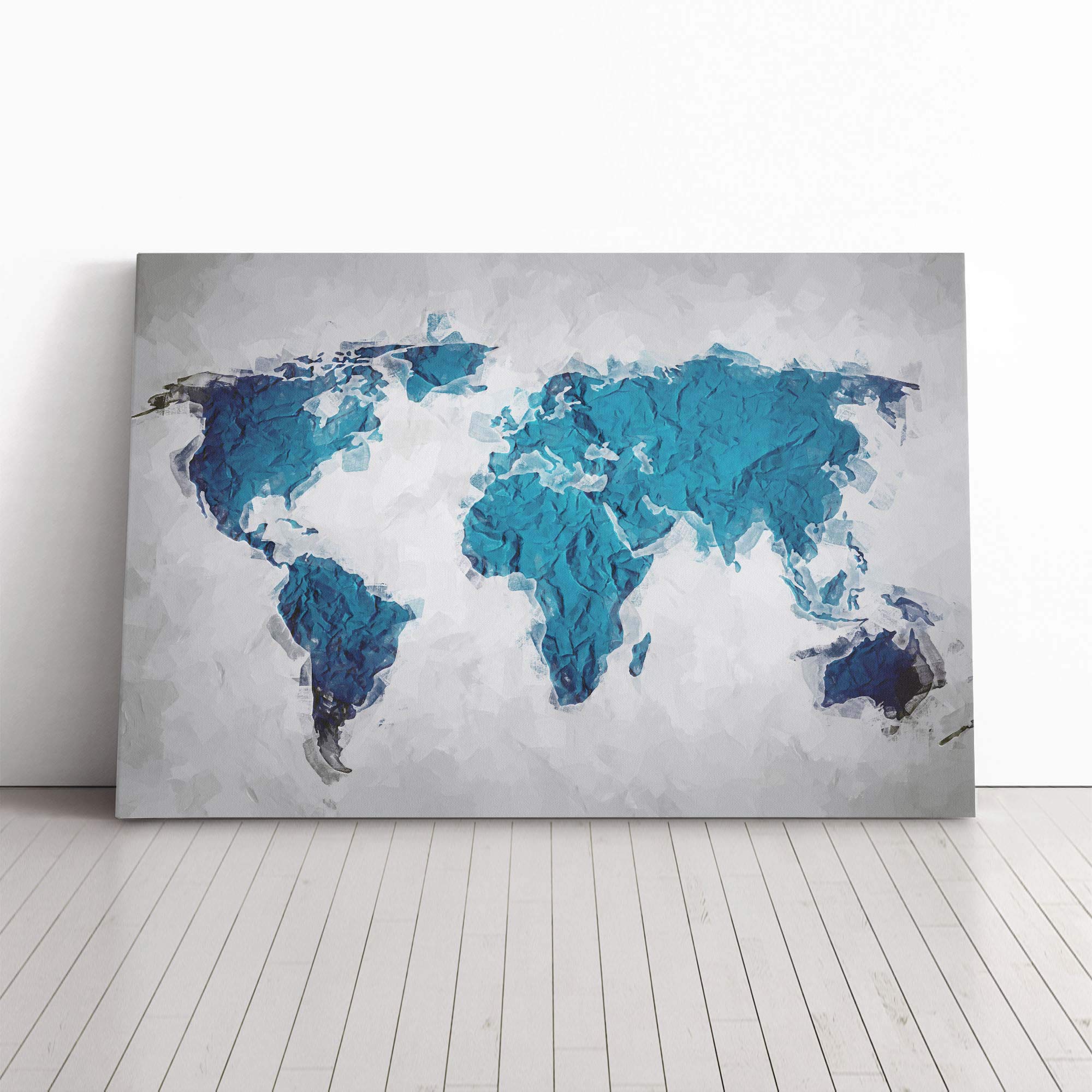 Teal Blue Map of the World in Abstract | Canvas Wall Art Print | Framed & Ready to Hang Picture | Modern Home Decor for Living Room, Bedroom, Kitchen or Office | 36x24 Inches
