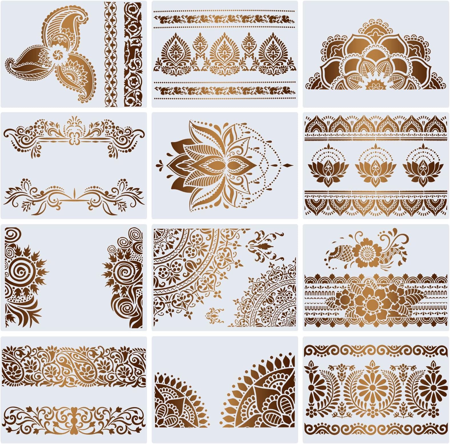 Mandala Stencil for Crafts Reusable Flower Border Stencils 12 Pcs Floral Edge Stencils Mandala Templates Stencils for Furniture Painting on Wall Tile Wood Window Home Decoration