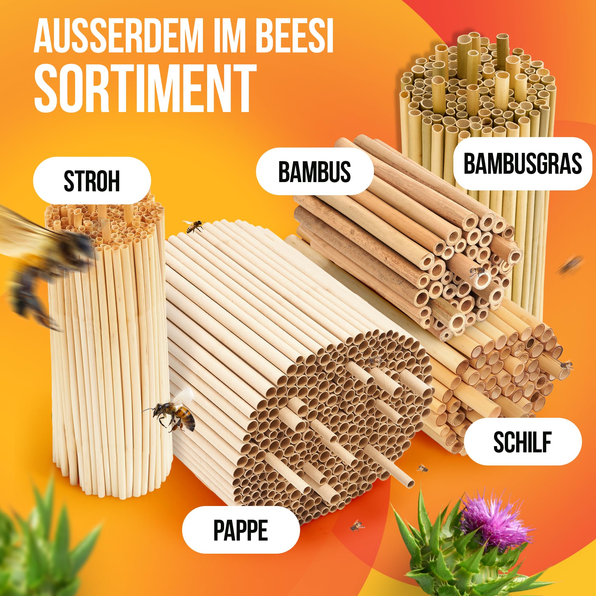 BEESI 300 casquillos de nido para hotel de insectos de 15 cm de largo, 6 y 8 mm de diámetro, mezclados, incluye libro electrónico de nido y tubos de cartón para abejas silvestres..