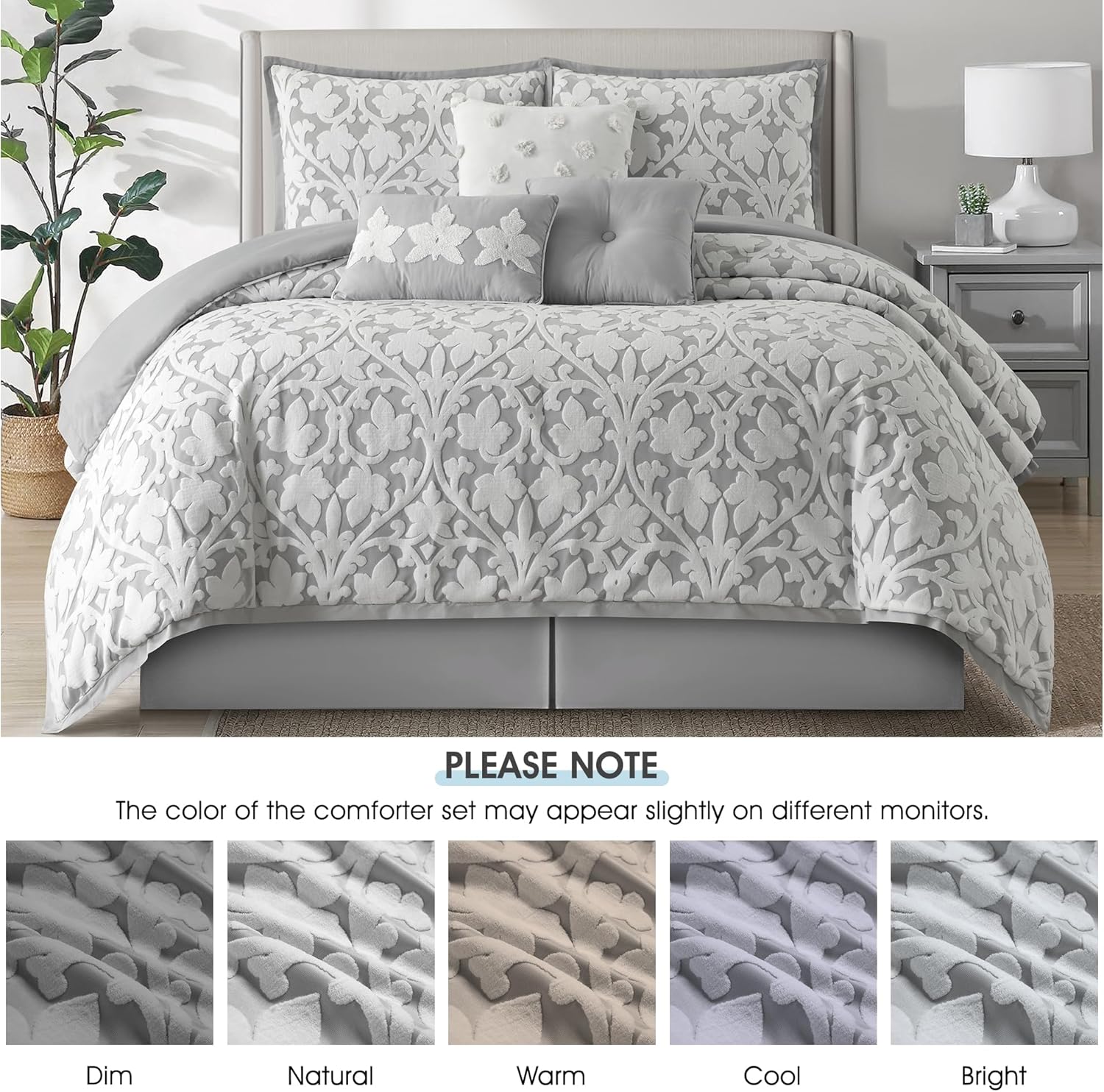 7 Pieces Comforter Set, California King, White Grey, Jacquard Floral Pattern and Classy Damask Medallion Design, Ultra Soft, Includes Bed Skirt, Shams and Decorative Pillows - Image 3