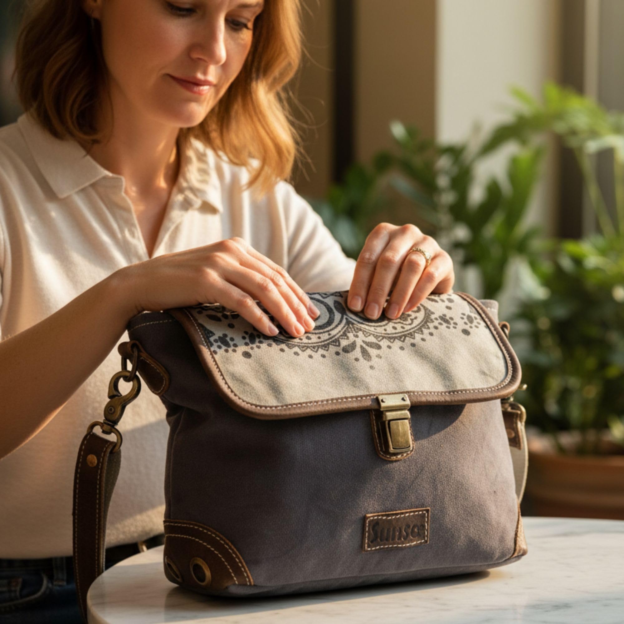 Sunsa Damen Umhängetasche. Canvas/Leder Messenger Tasche. Grau/schwarz