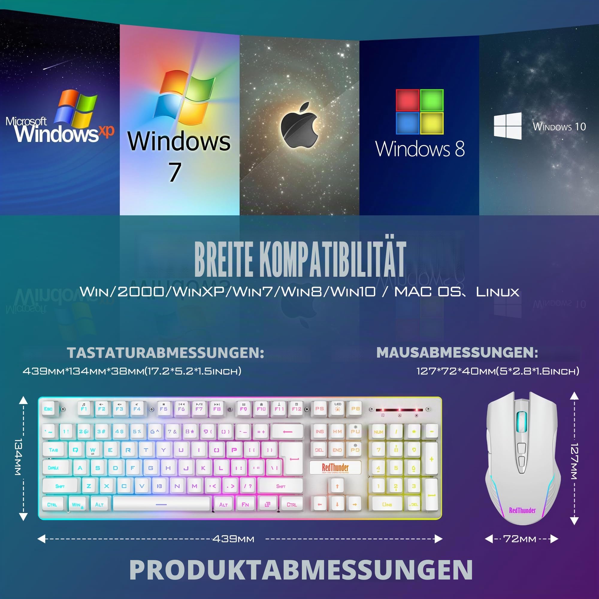 RedThunder K10 Kabellose Gaming-Tastatur und -Maus, LED-Hintergrundbeleuchtung, wiederaufladbarer Akku mit 3800 mAh, mechanisches Gefühl, Anti-Ghosting + 7D 3200 DPI-Maus, IT-Layout, PC-Spieler, weiß