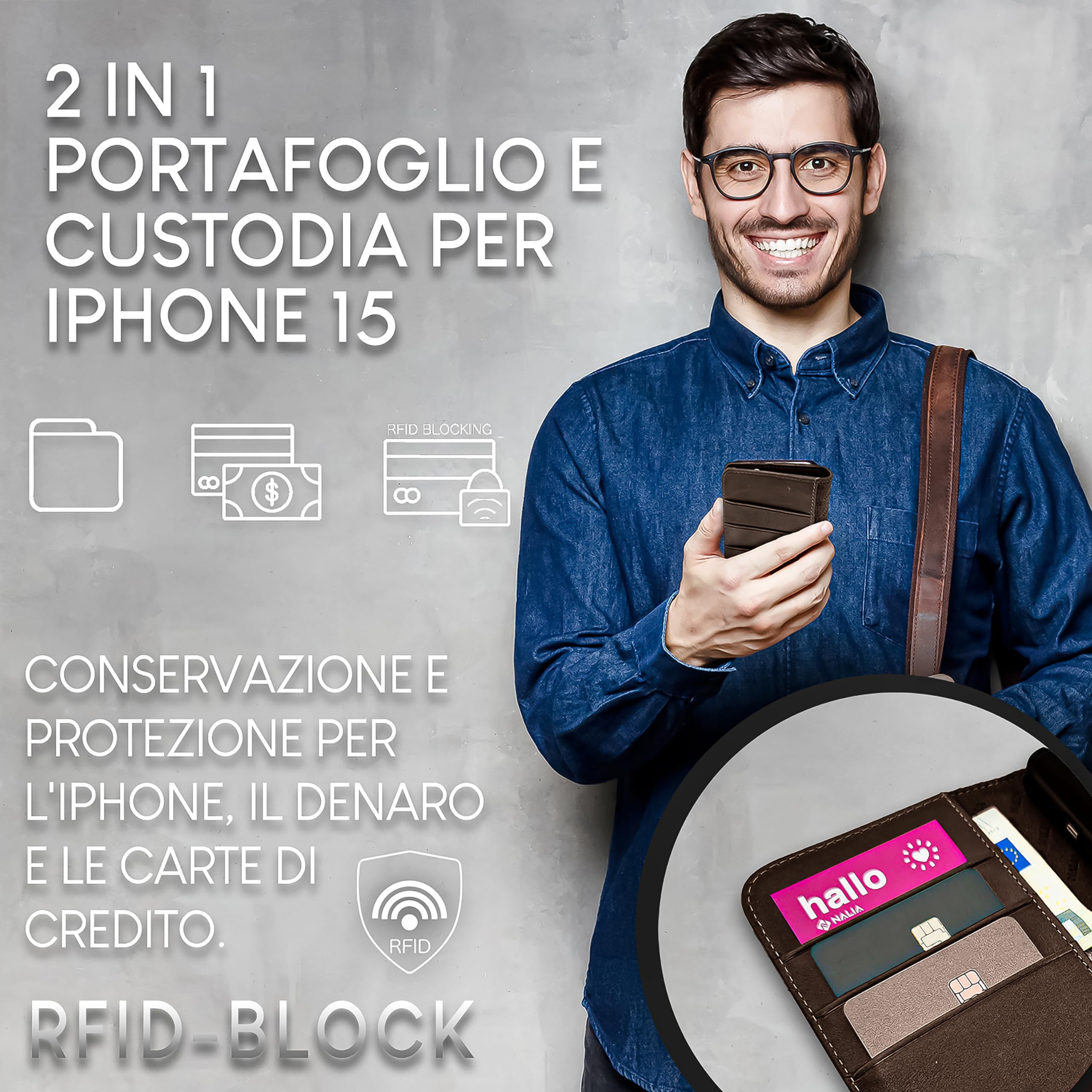 NALIA Custodia in Vera Pelle per iPhone 15 - Portafoglio RFID & Chiusura Magnetica - LEVANTO (Cover a Libro Artigianale) - Marchio Tedesco, Colore:Marrone Scuro