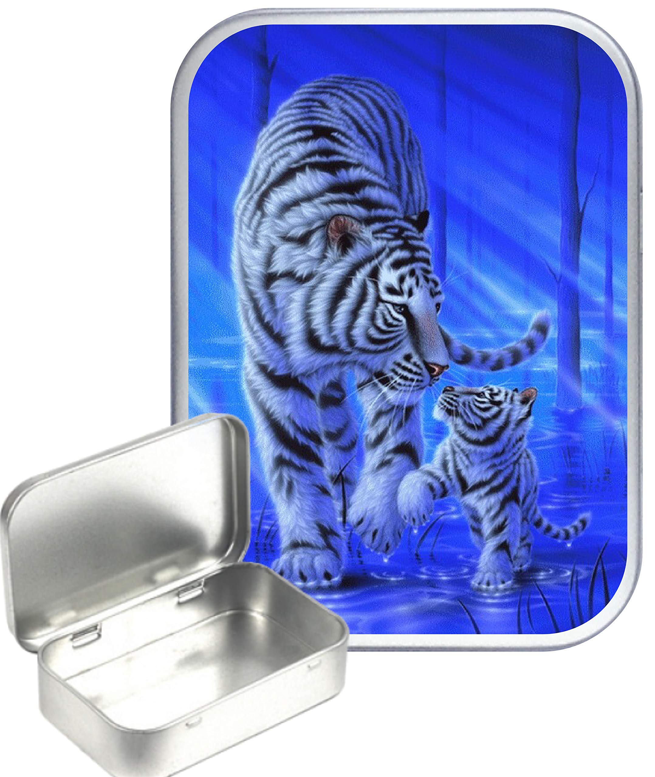 Teez Blue,Silver Blue Tiger 30Ml Small Silver Hinged Tin, Hinged Pill Tin,Gift Box,1Oz Tobacco Tin