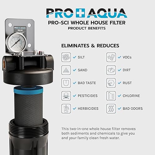 Miniatura 2 de PRO+AQUA PRO-SCI - Sistema de filtro de agua con infusión de carbono de una sola etapa para toda la casa con manómetro  Elimina el 99% del cloro,