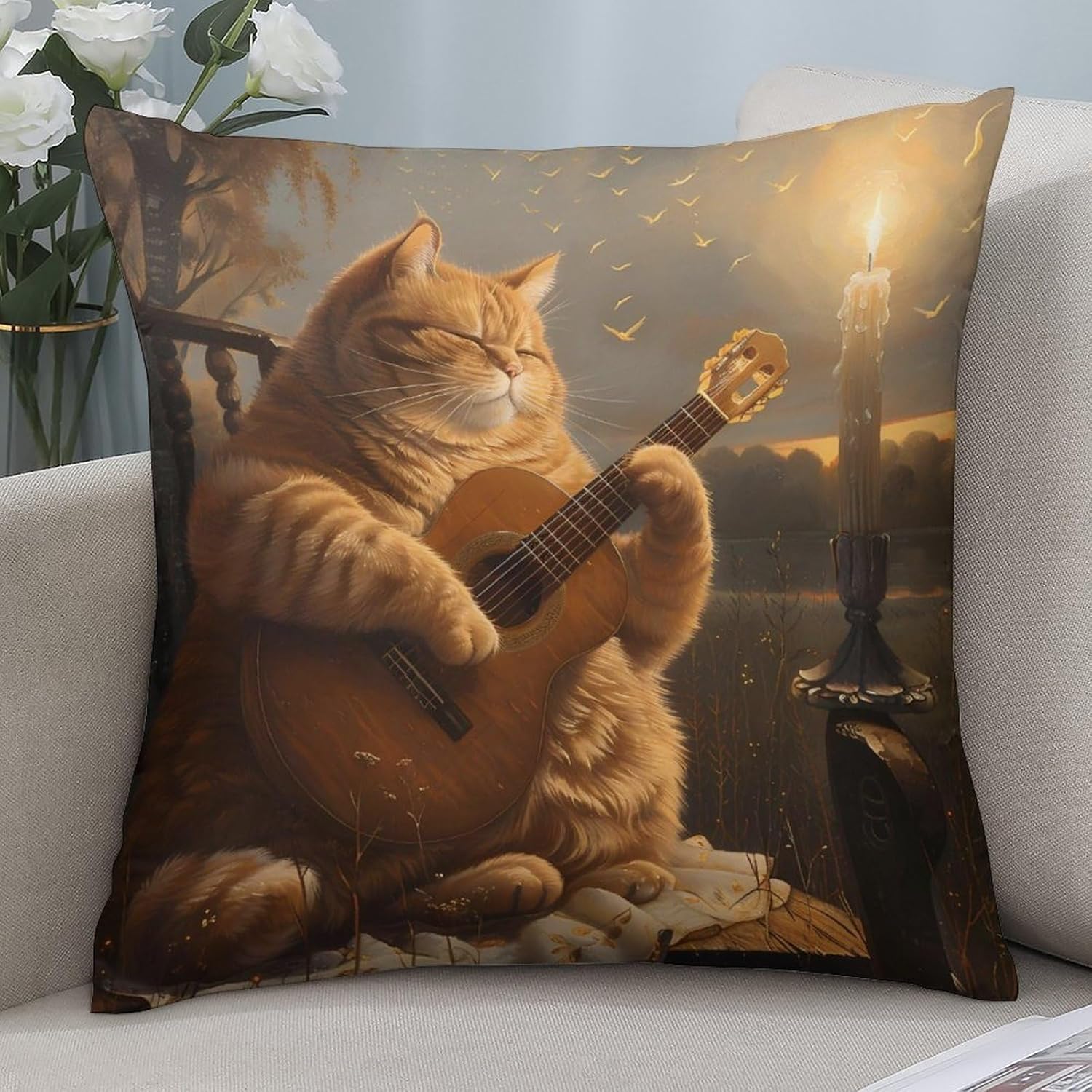 Cat Playing The Guitar Printed Throw Pillow Case 4 Pcs Soft Pillowcases Pillows Covers Sofa Bed Decor 12/14/16/17/18/20/22/24/32 Inches