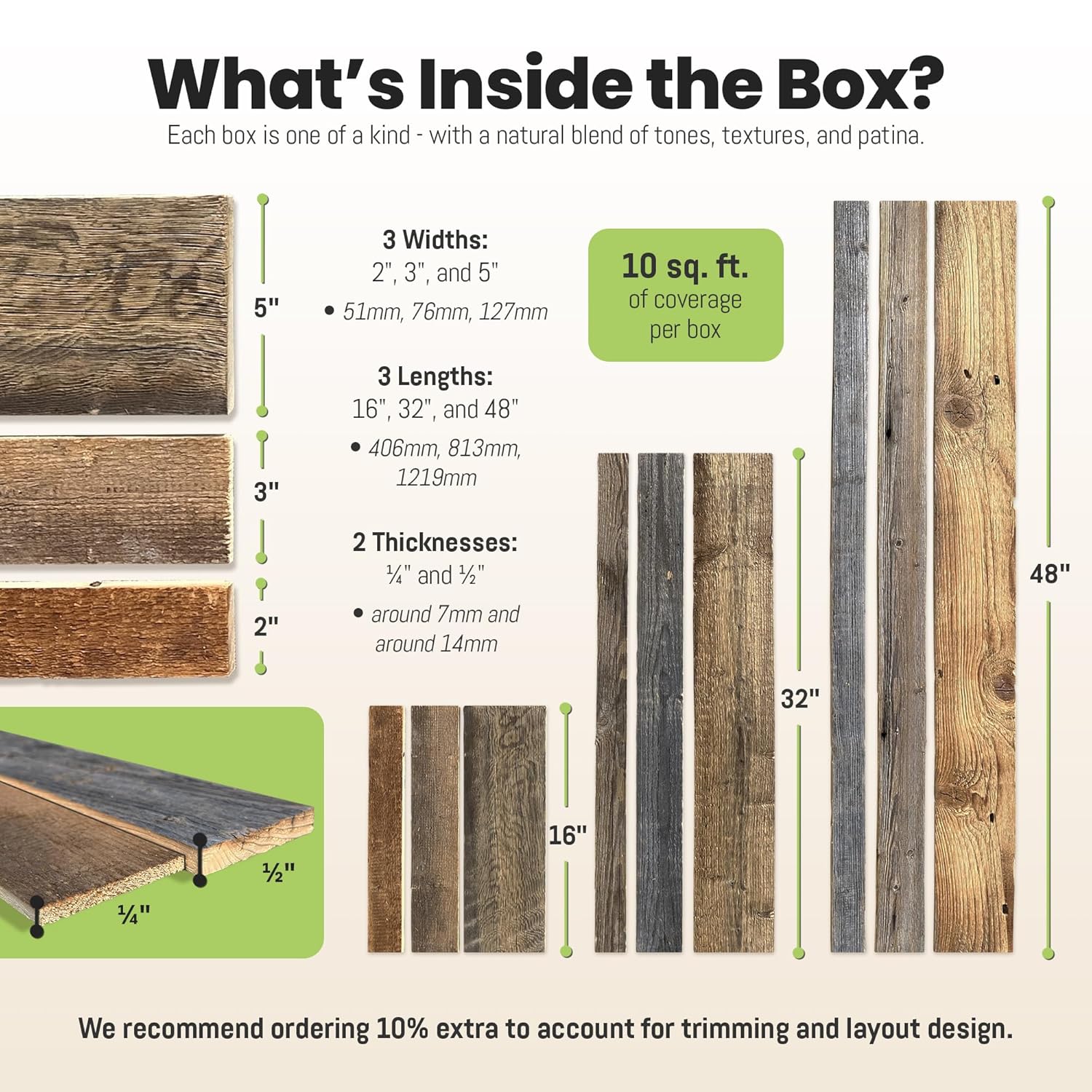 Diagram showing the varied dimensions of the barnwood planks: 3 widths (2, 3, 5 inches), 3 lengths (16, 32, 48 inches), and 2 thicknesses (1/4, 1/2 inch).