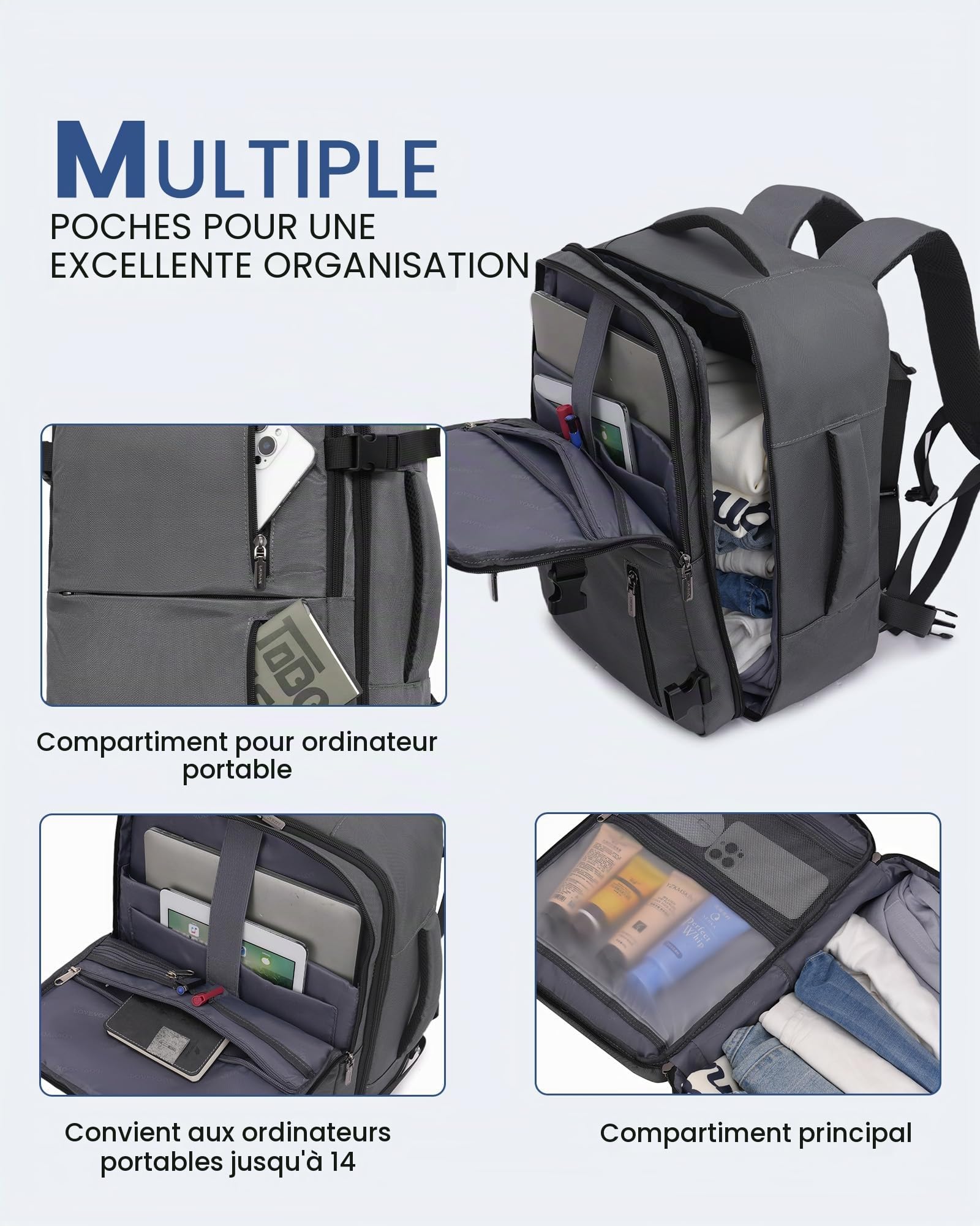 LOVEVOOK Sac a Dos Voyage Avion 40x30x20, Bagages Cabine, Bagage à Main Valise 24L, Port USB, Femme Homme, Ordinateur Portable 14 Pouces, Travail, Affaires, Gris