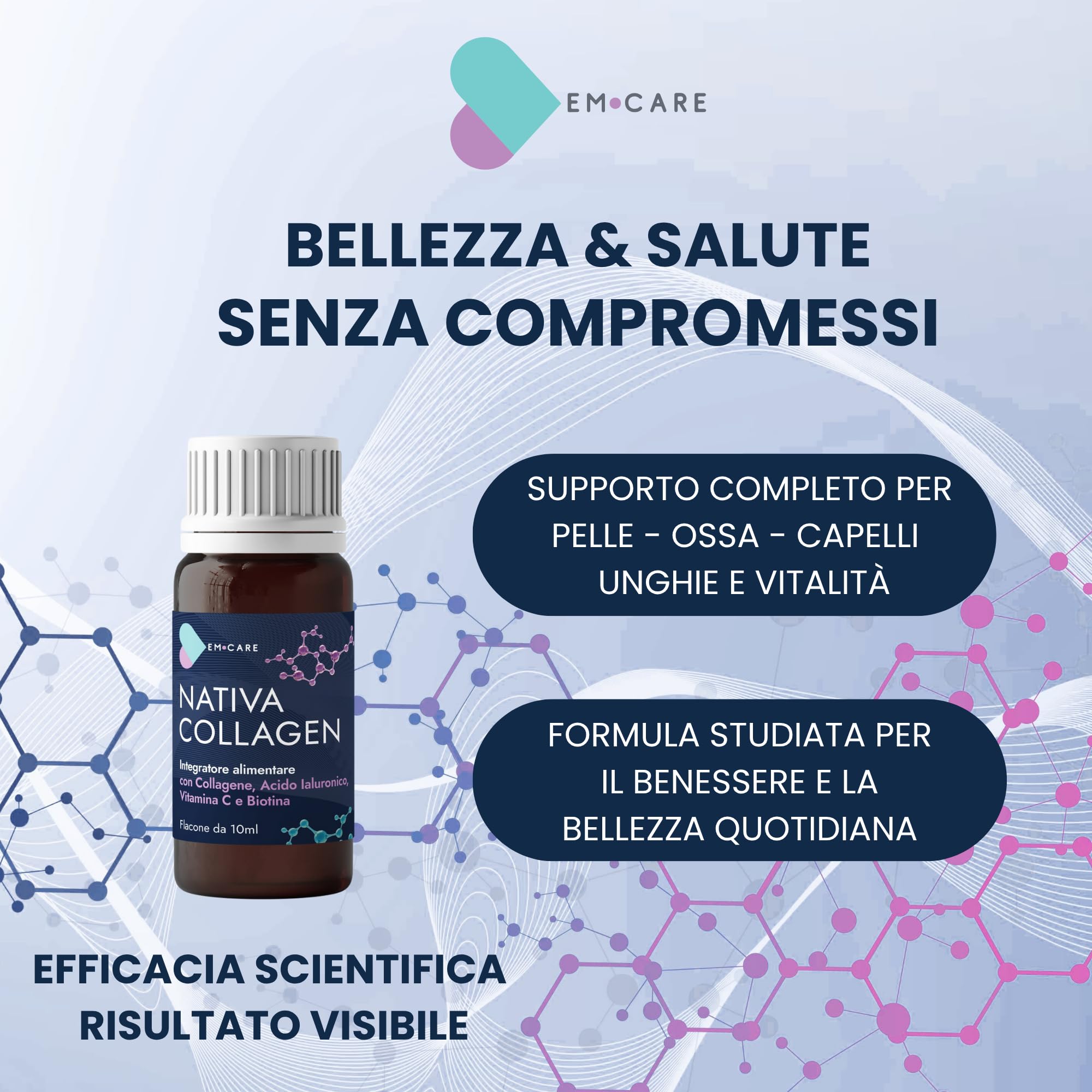 EM CARE Collagene da Bere - Collagene Marino Idrolizzato con Acido Ialuronico, Vitamina C, Biotina e Zinco - 30 Flaconi - Integratore per Pelle, Capelli, Unghie e Articolazioni
