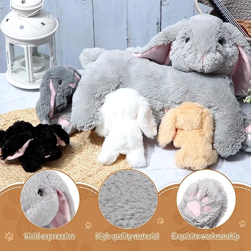Miniatura 4 de HyDren 5 piezas de conejo de peluche, conejito de peluche de 15 pulgadas con 4 conejitos pequeños magnéticos, juguetes de peluche de conejo suave