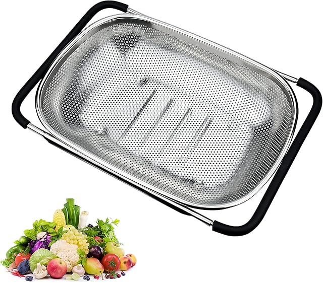 Telescopic Sink Storage Rack,Over The Sink Colander Strainer Basket Stainless Steel Used to Store and Dry Kitchen Sink Items, Fruit Basket, Vegetable Basket, Suitable for Various Sinks