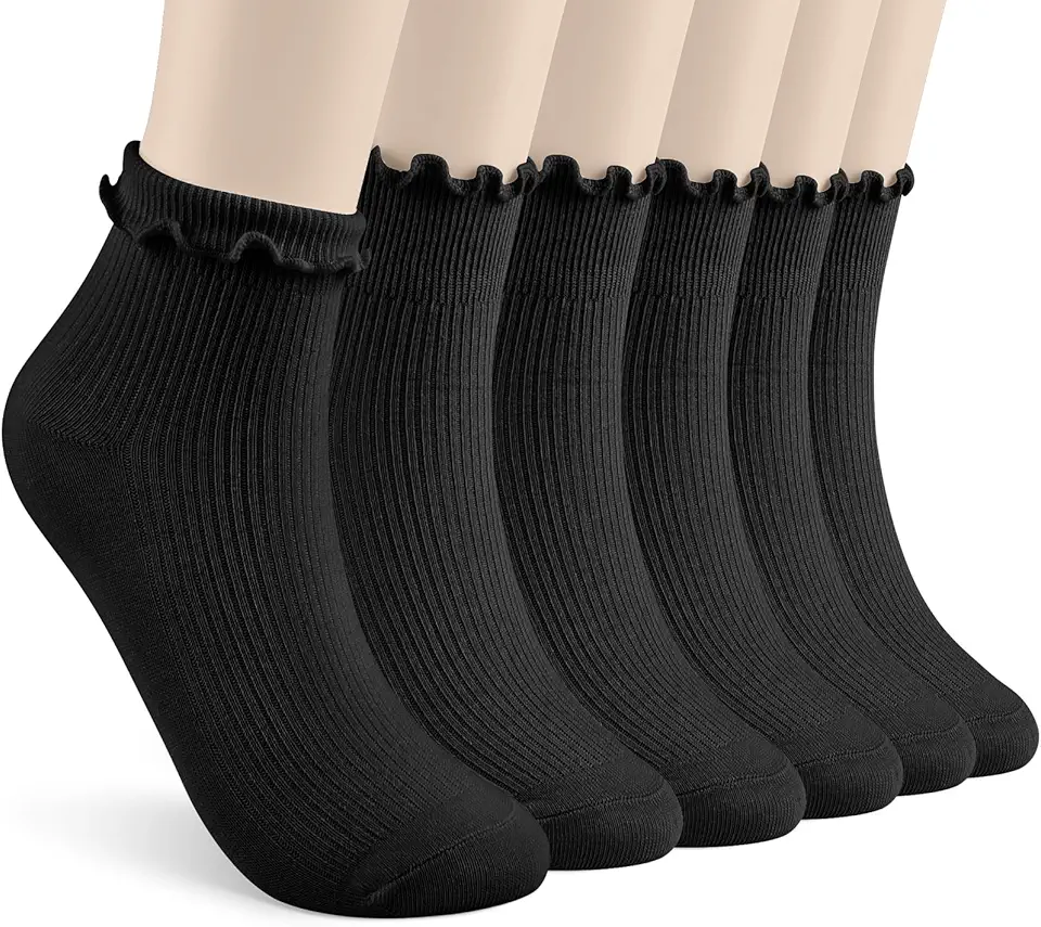 TRIITECH 6 Pairs Ruffle Socks,White Frilly Ankle Socks,Soft Socks With Ruffles for Women