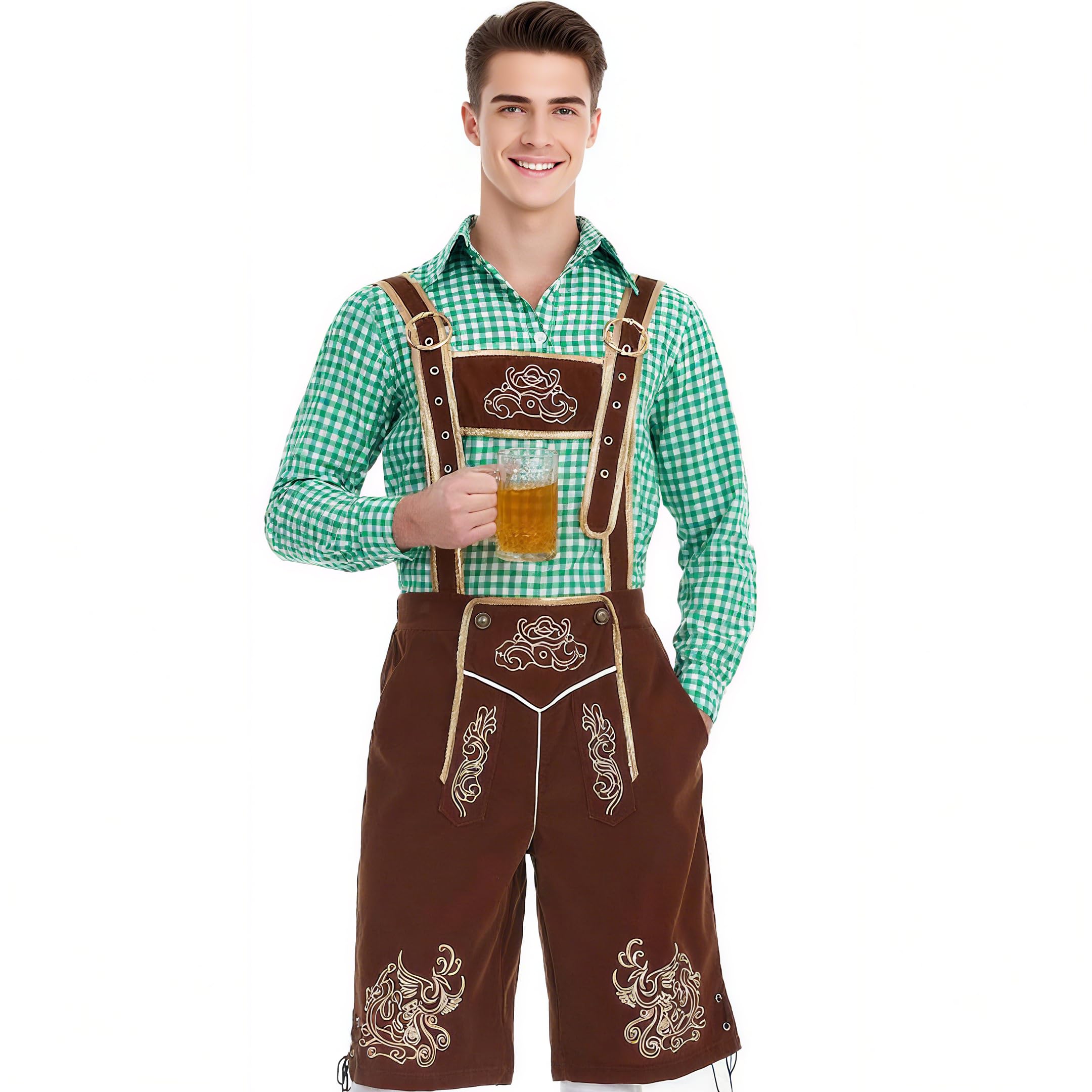 ZCJ Lederhosen Men Authentic Bavarian German Oktoberfest Costume Outfit, Brown Leather Shorts with Suspenders for Oktoberfest, Stag Do, Halloween & Carnival Fancy Dress Parties XL