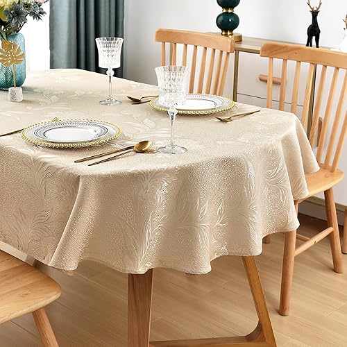 Oval Jacquard Tablecloth Beige Floral Countryside Leaves Damask Patterns Table Cloth Shiny Glossy Fabric Table Cover for Dinner Kitchen 60 x 84 Inch