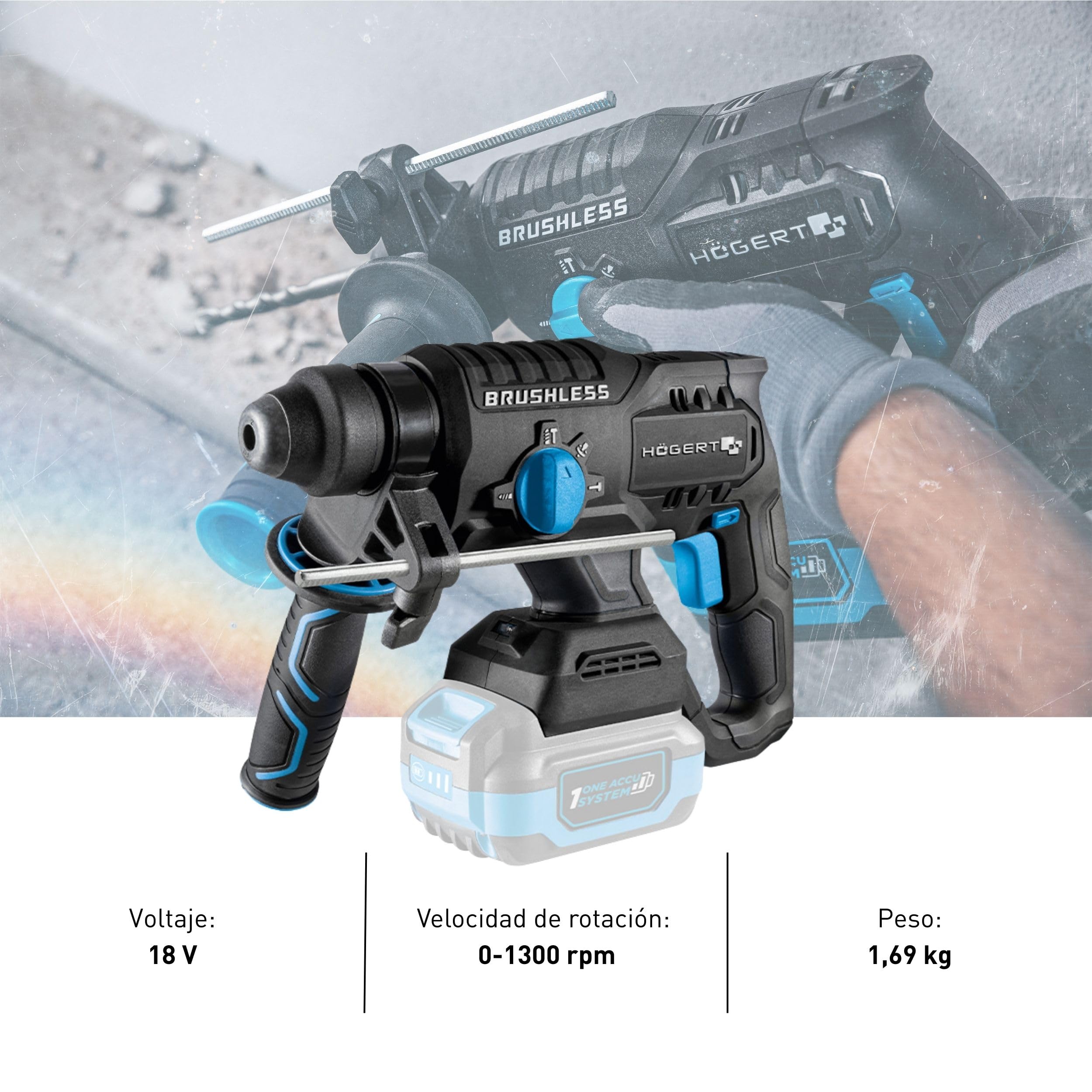 HÖGERT TECHNIK Martillo perforador a batería brushless 18V, 2,0 J, función cincelado, batería 4,0 Ah, cargador 4A, engranaje metálico, LED