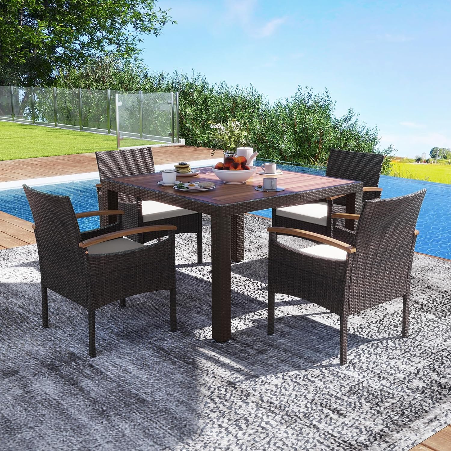 Tangkula Wicker Patio Dining Chairs Set of 4, Outdoor Rattan Cushioned Chairs with Acacia Wood Armrest, Heavy Duty Metal Frame, Outside Chairs for Balcony, Porch, Poolside, Lawn, Yard (Off White)