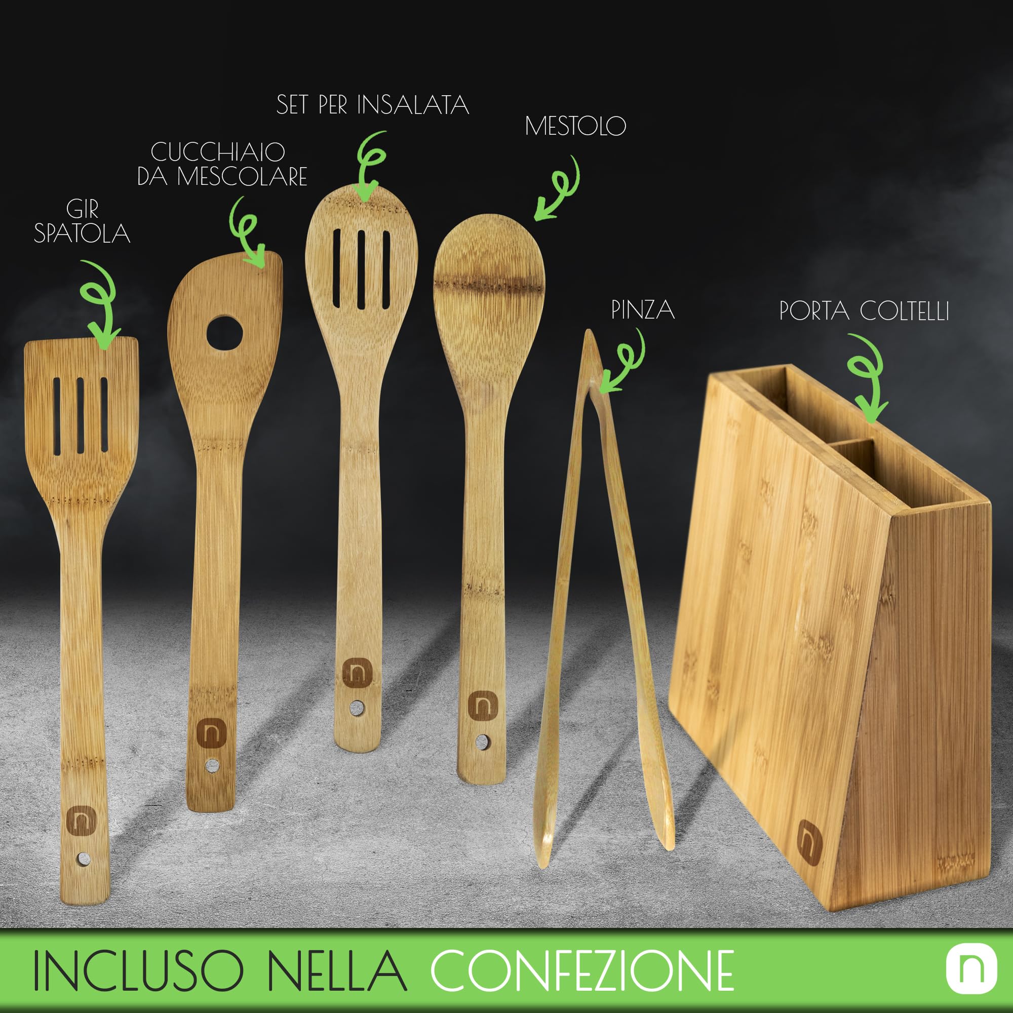 naturlik portacoltelli magnetico con 5 mestoli inclusi - 2 in 1: portacoltelli e portautensili da cucina - Portacoltelli da cucina in bambù - Organizzatore cucina