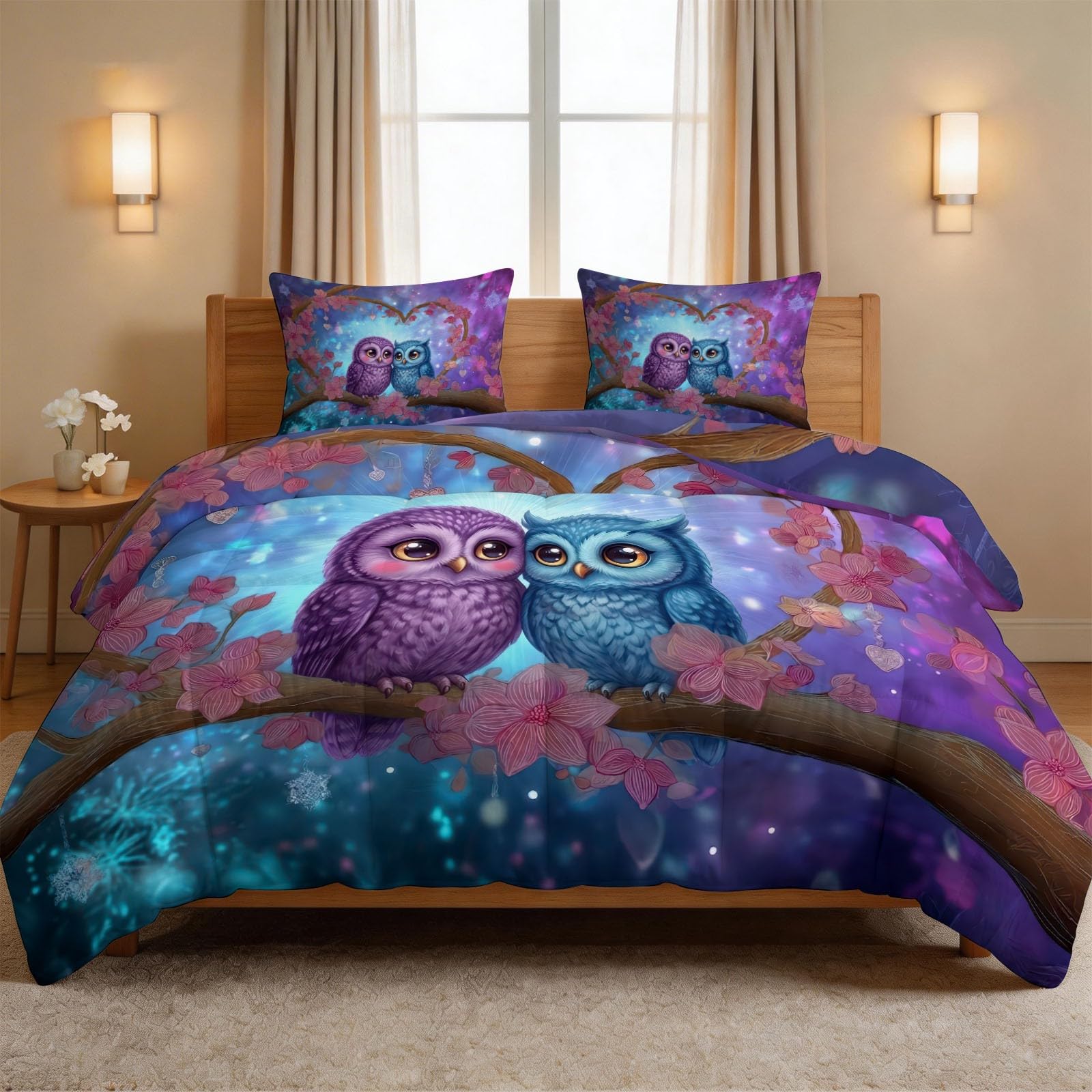 Generisch 200 x 200 cm 4 Jahreszeiten Bettdecke ohne Bezug, Fantasy Sternenlicht Steppdecke, Waschbar Atmungsaktiv Weiche - Tiere Eulen Pärchen Blumen Herzform Sommerdecke für Allergiker