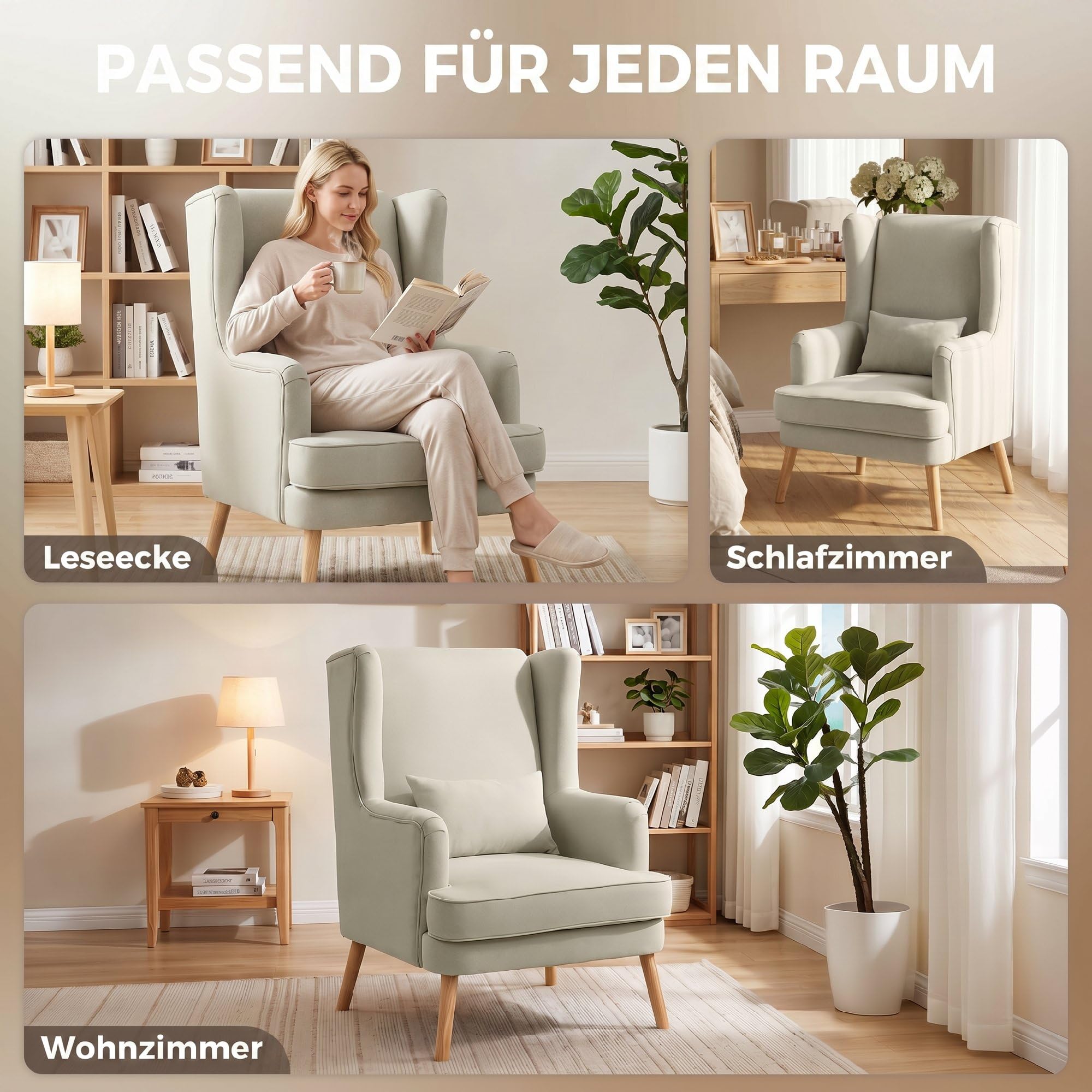 HOMCOM Ohrensessel mit Lendenkissen Hoher Rückenlehne Breitem Sitz Beige