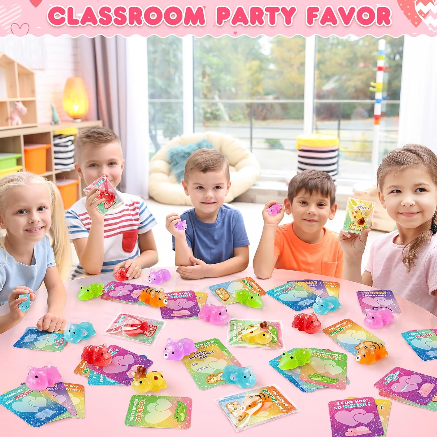 Valentines Day Cards for Kids School - 28 Packs Cute Squeeze Toys with Cards, Valentine Party Favors Toys for Boys & Girls, Kids Exchange Cards for Classroom