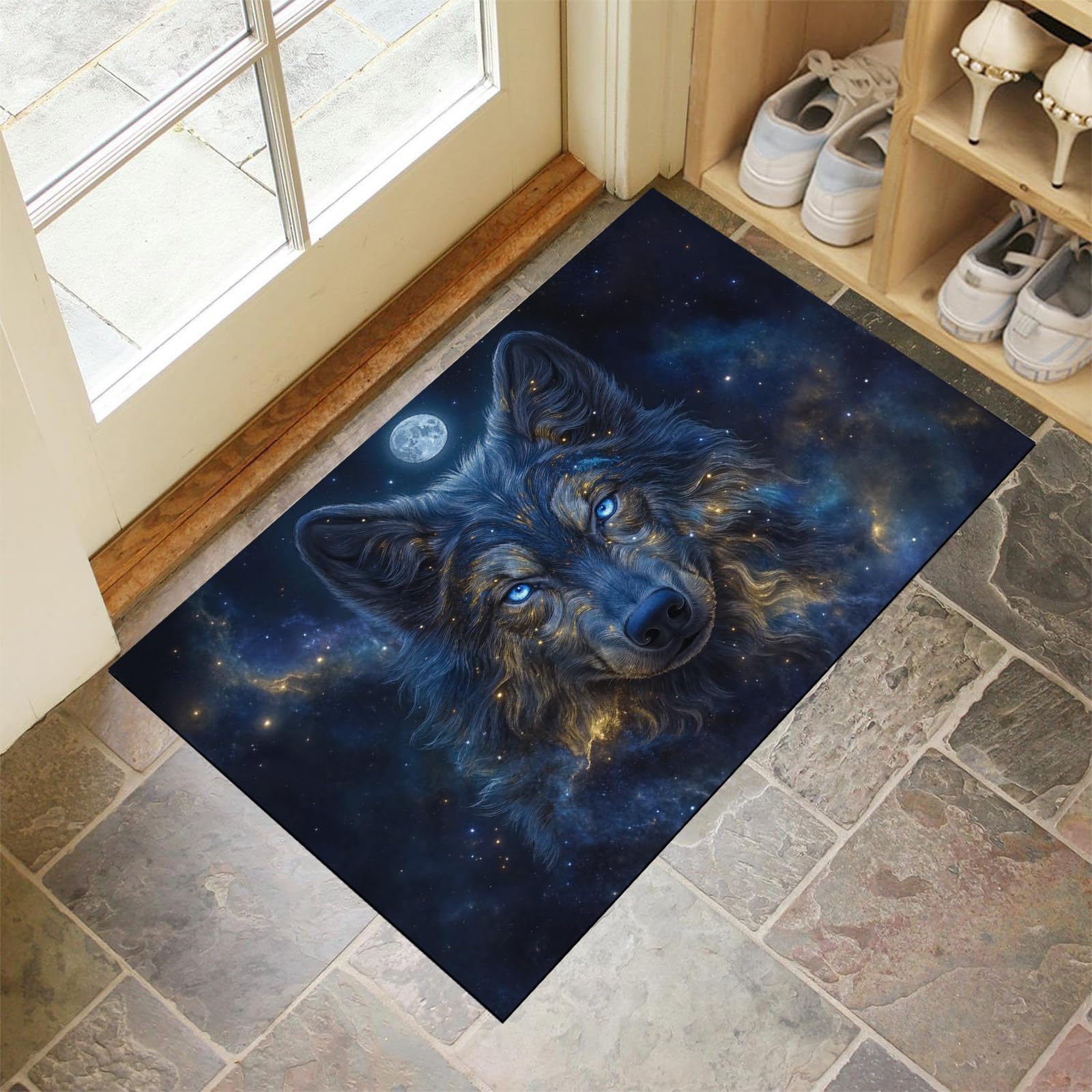 Tapis entree interieur antiderapant grand format 90x150cm indigo motif loup