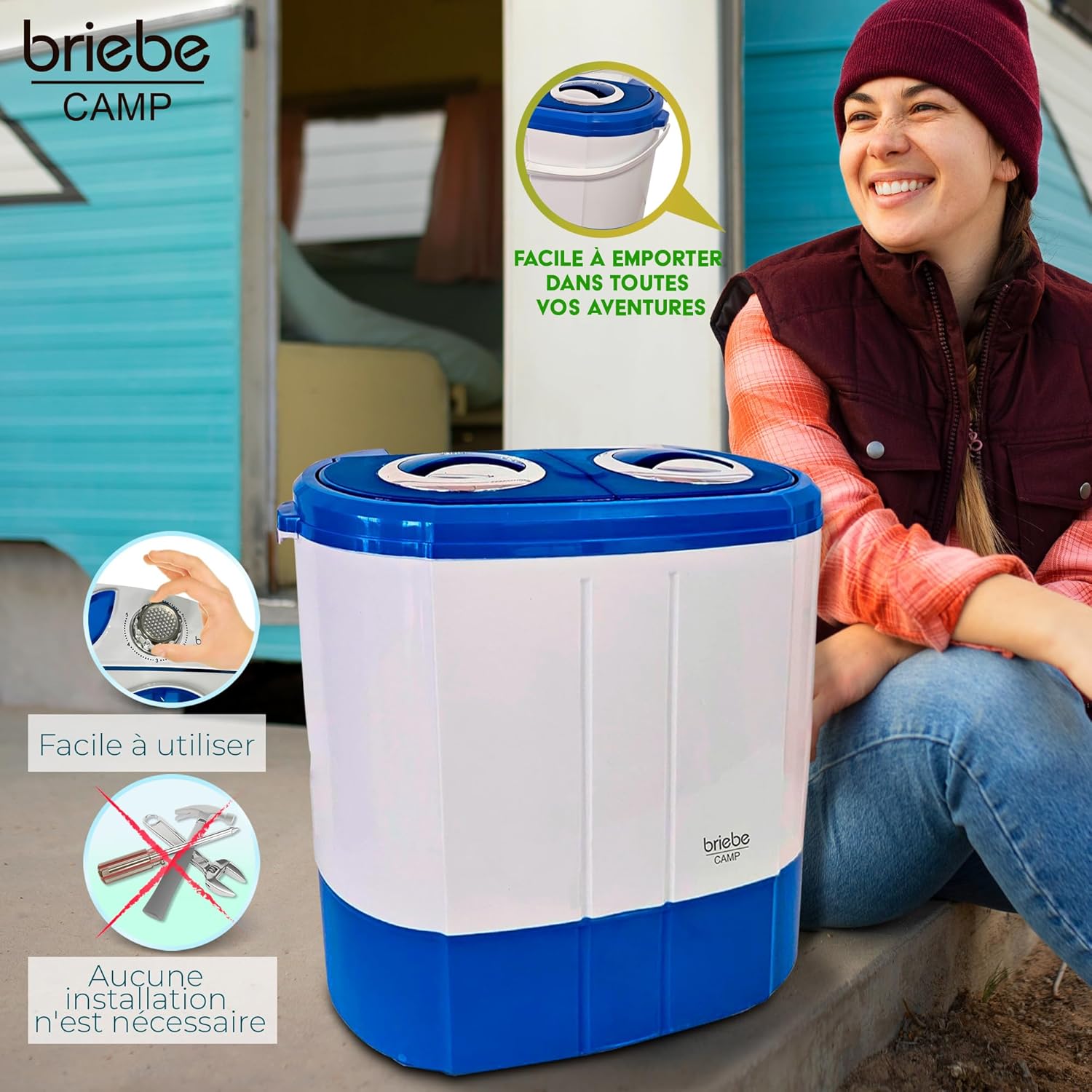 Side view of briebe Camp Mini Washing Machine showing drain hose