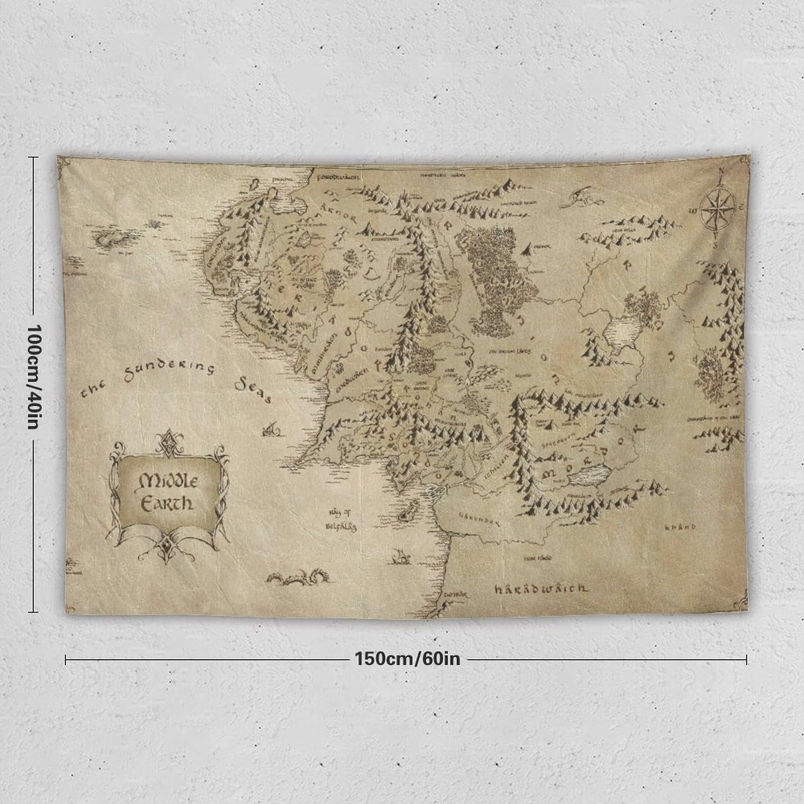 Póster de mapa de la Tierra Media de El Señor de los Anillos, tapiz de pared para decoración de dormitorio, sala de estar, hogar, 40 x 60 pulgadas