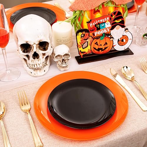 Miniatura 7 de KIRE 60 platos de plástico para Halloween, color negro y naranja, desechables, 30 platos de postre negros y 30 platos llanos naranjas, platos de