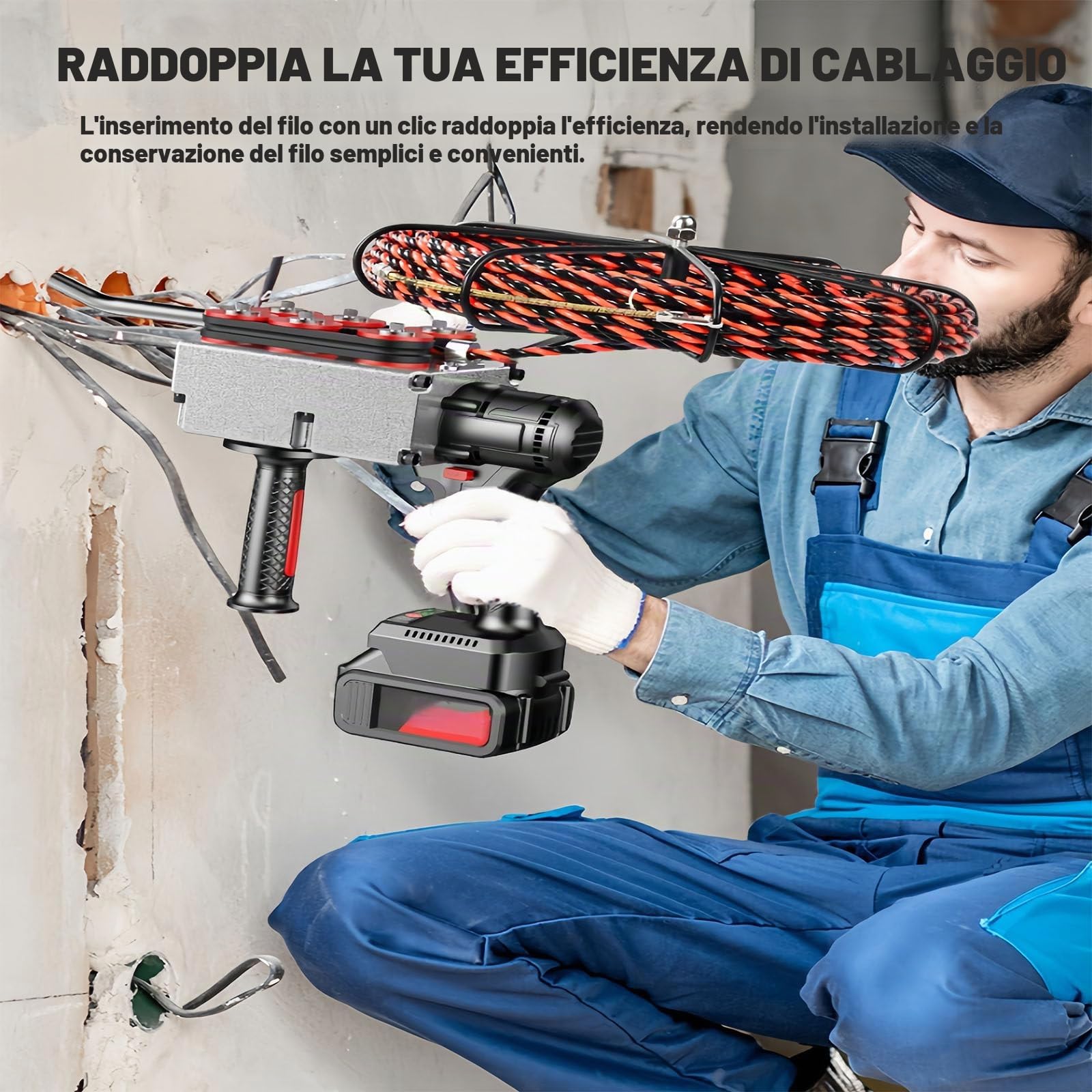 Filo per Infilacavi Elettrico Senza Spazzole 40m/Min - Sonda Passacavi Elettrica con Batteria 25000mah - per Cavi Elettrici E Cablaggio Tubi Edilizia/Idraulica 30m