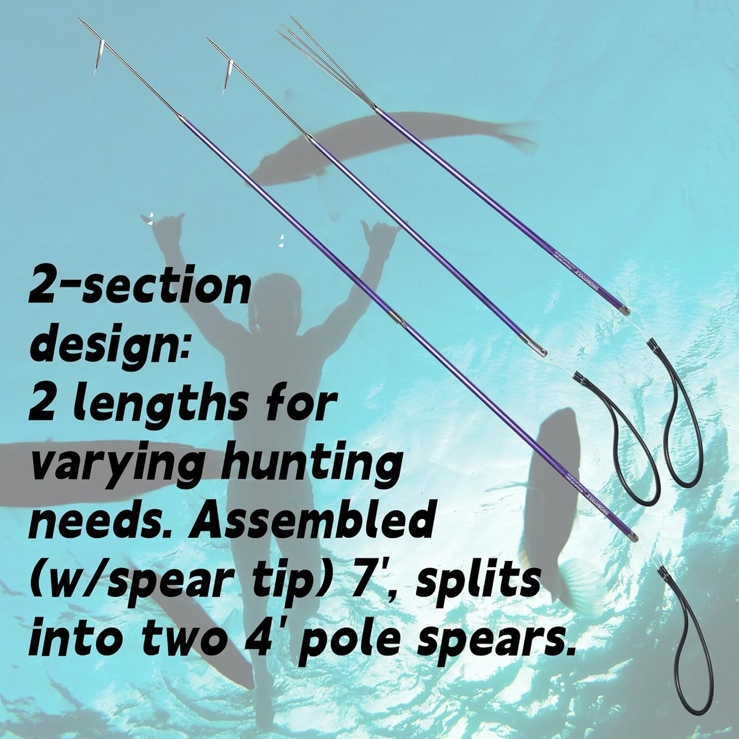 Hawaiian Sling Fishing Spear 7ft Travel Aluminum Pole Spear 3 Prong Sling Spear Fishing Equipment Snorkeling Scuba Diving Gear Polespears Harpoon for Fishing Kayak, Spearfishing, Freediving