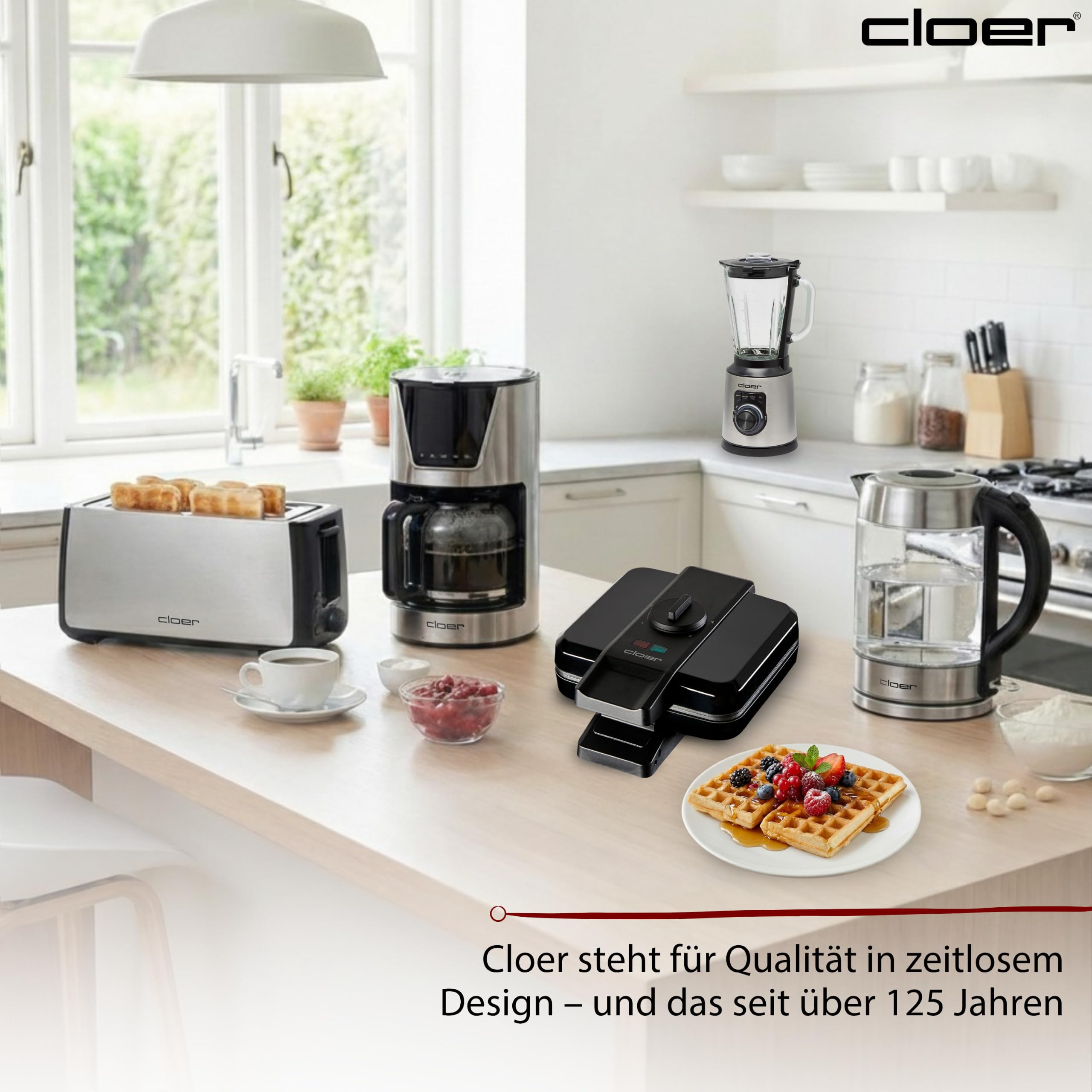 Cloer 1420 Brüsseler Waffeleisen für 2 Belgische Waffeln 9 x 15,5 cm, Duo-Waffeleisen mit Antihaftbeschichtung PFAS-frei, stufenlosem Bräunungsgrad und Backampel, schwarzes Kunststoffgehäuse, 1000 W