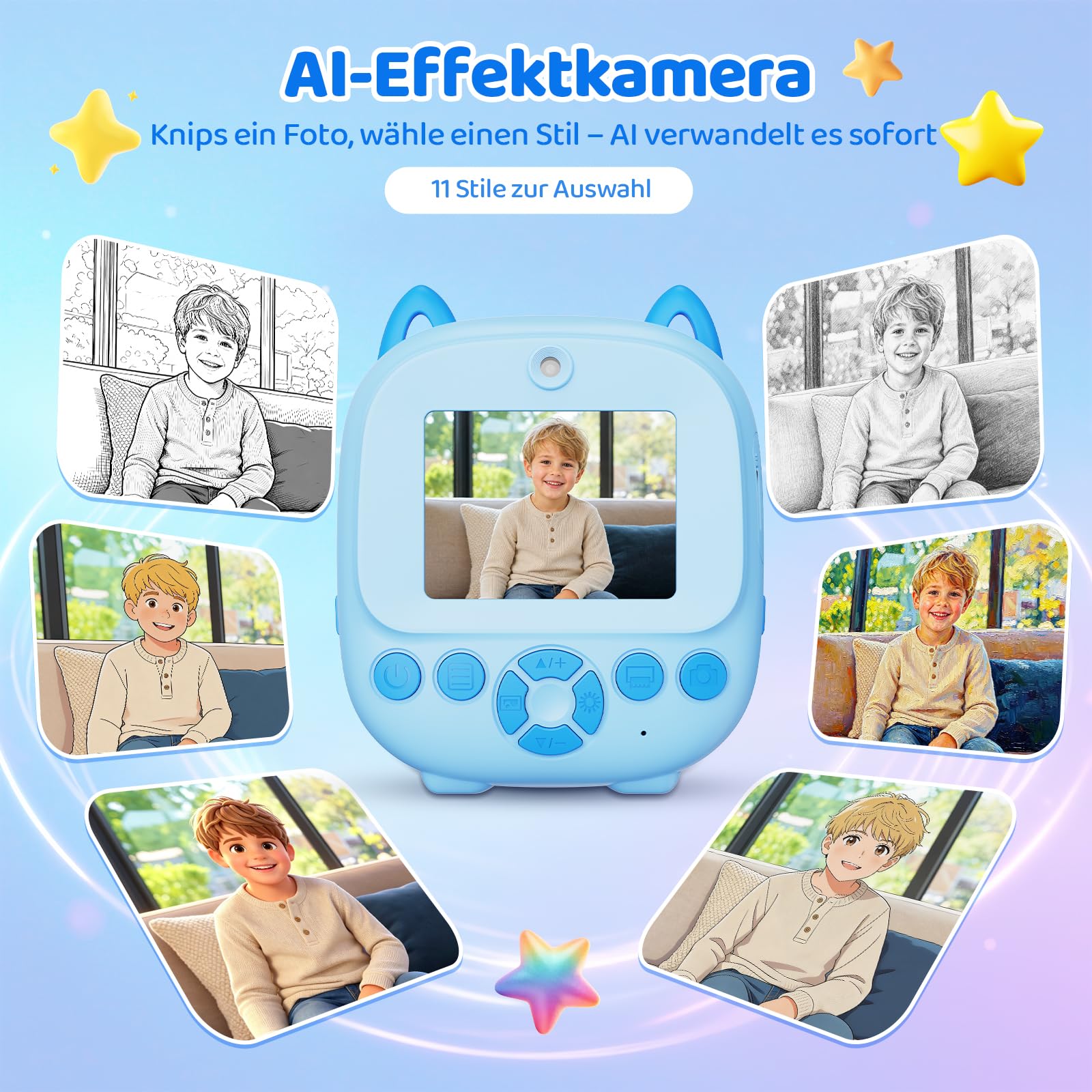 CHAKEYAKE Kinderkamera Sofortbildkamera, KI Sprachdrucker Digitalkamera mit Sprachsteuerung, Objekterkennung, Fragen & Antworten, Texterkennung, kreativen Filtern, Geschenk für Jungen und Mädchen