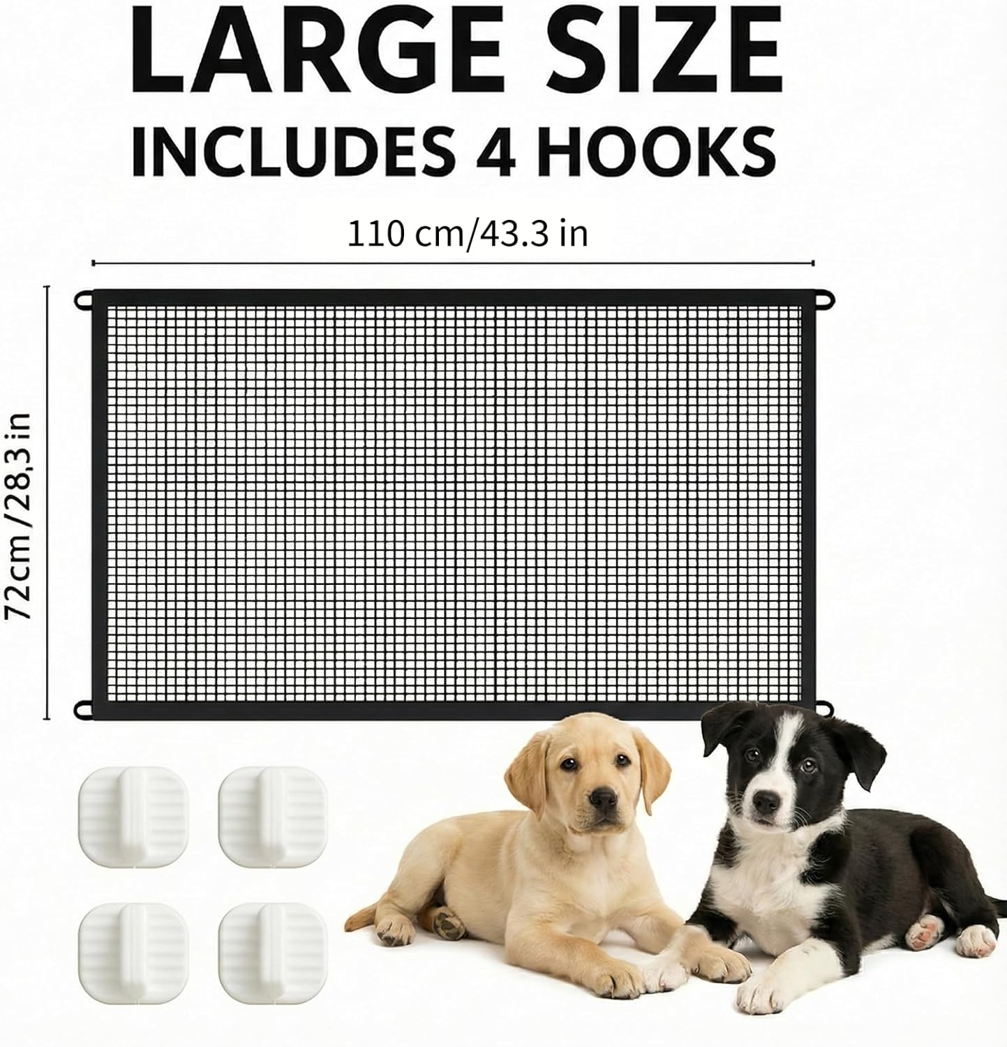 Pet Gate Mesh – No-Drill Easy Install, Good Helper,Portable Folding Dog Safety Fence for Stairs & Doorways, 43.3″ W x 28.3″ H with 4 Adhesive Hooks