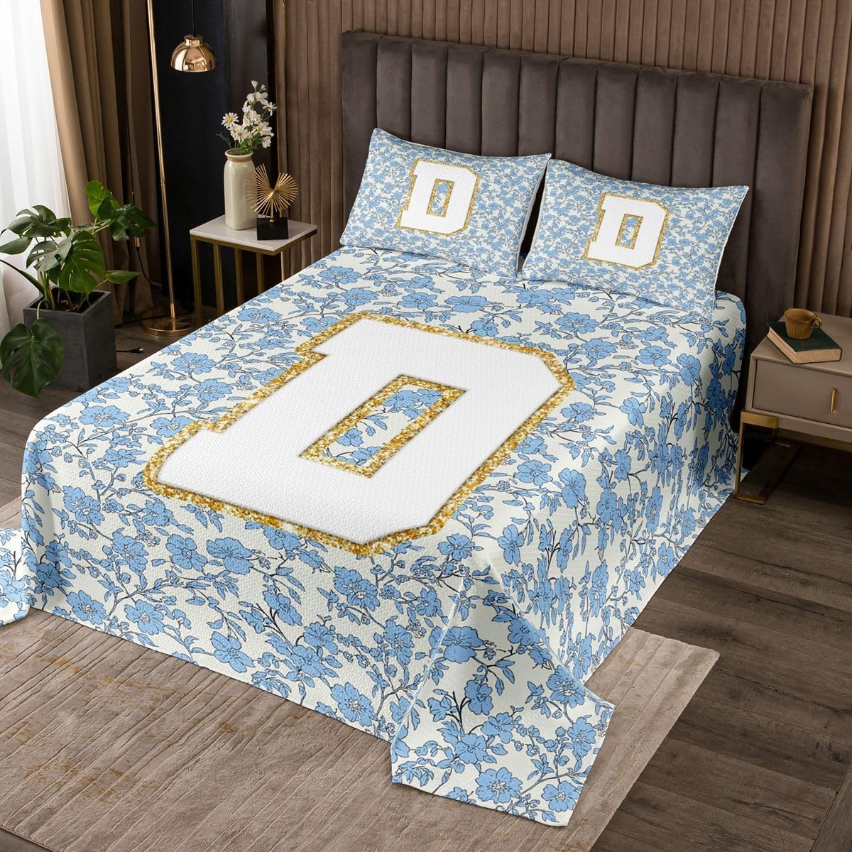 jejeloiu Personalized Initial D Bedspread Quilts Blue Floral Coverlet Set Queen Size for Kids Boys Girls Romantic Flowers Quilted Coverlet for All Season with 2 Pillowcases Monogrammed Microfiber