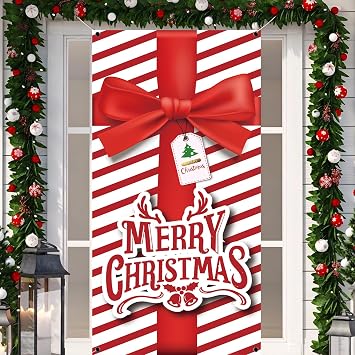Christmas Door Cover,Christmas Door Decorations Xmas Decorative Front Porch Sign Decoration and Supplies for Home House Party Room Office Decor-71 35 inches Red and White