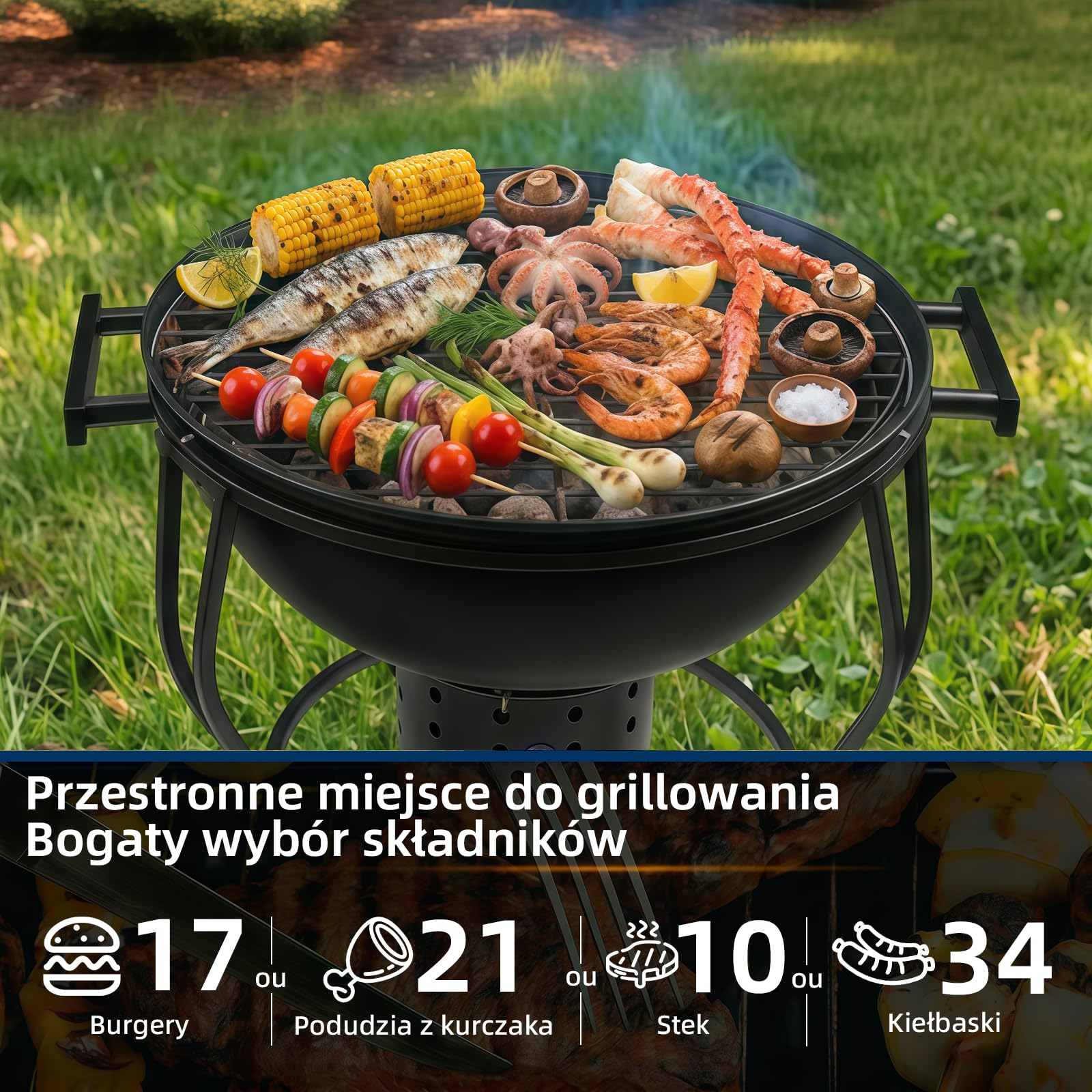 Grill na węgiel drzewny z regulowanym wentylatorem, przenośny grill kempingowy 18 cali, łatwy do rozpalania węgiel drzewny, mały grill stołowy grill kempingowy z pokrywką, do ogrodu, na kemping, na