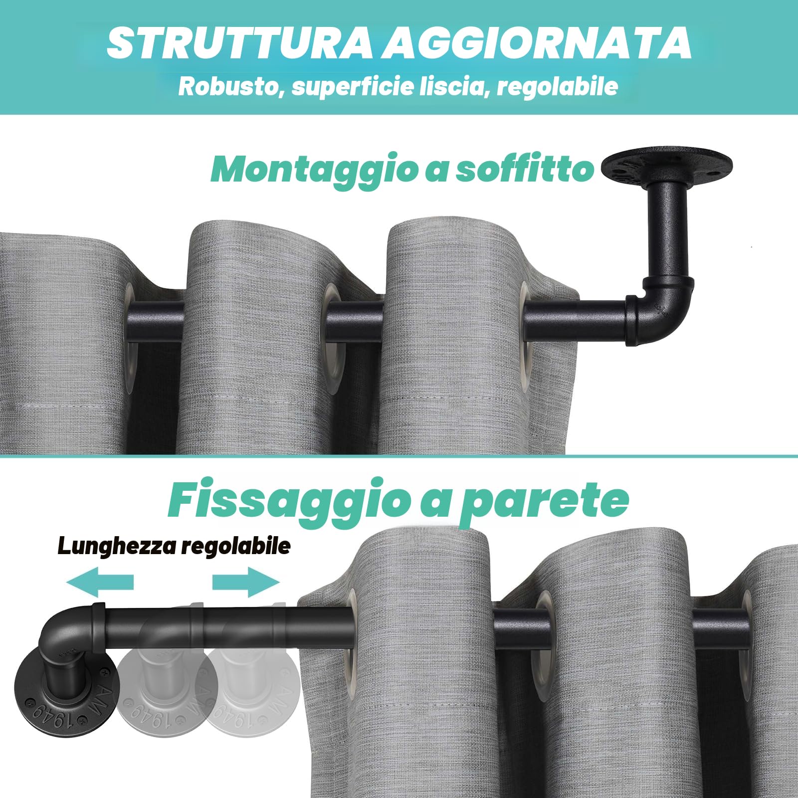 PUWOWYE Bastone per tende nero estensibile, bastone tenda soffitto industriale, Bastone Tenda possono diametro 25 mm, Bastoni per Tende Estensibili per finestre, 80-220cm