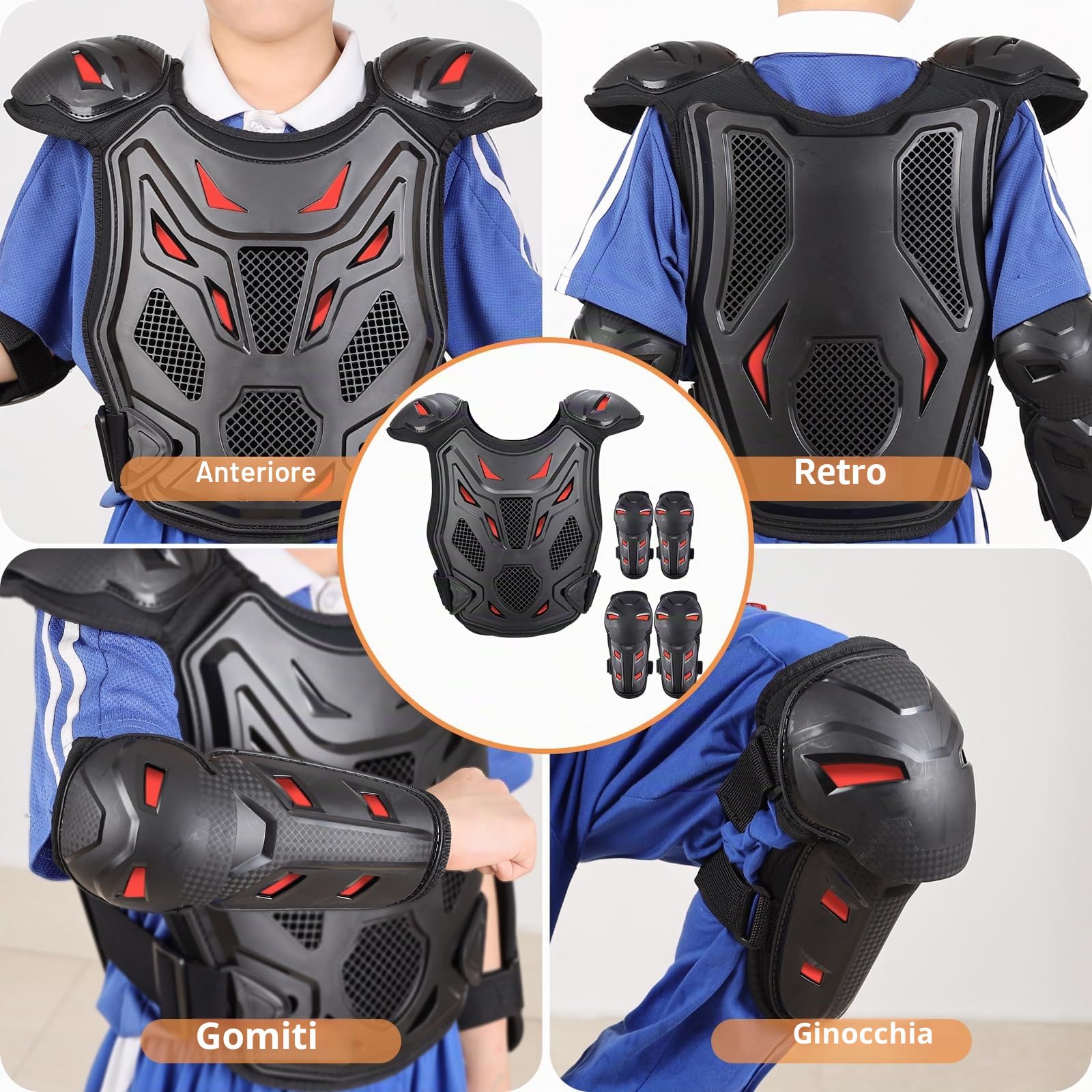 PELLOR Aggiornato Armatura Moto Per Bambini, 5 Pezzi Set Pettorina Motocross Bambino con Ginocchio/Gomiti/Torace, Paraschiena Moto Protezione Torace Ideale per Ciclismo,Sci,Equitazione,Skateboard