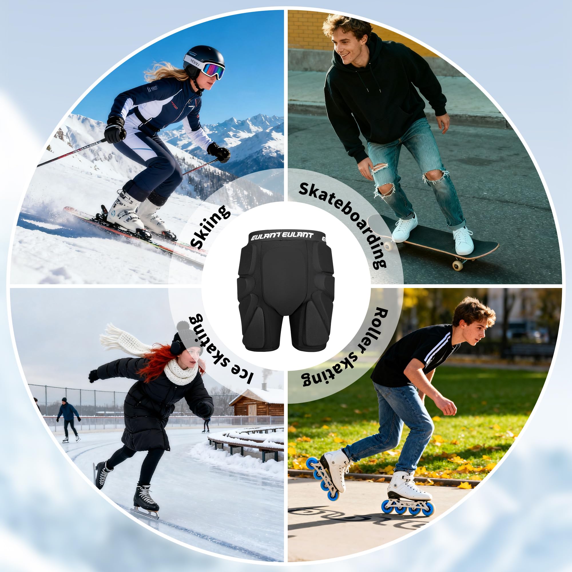 EULANT Ochronne wyściełane szorty na snowboard, narty, łyżworolki, rowery, ochraniacze 3D, na biodra, pośladki, kość ogonową, czarne