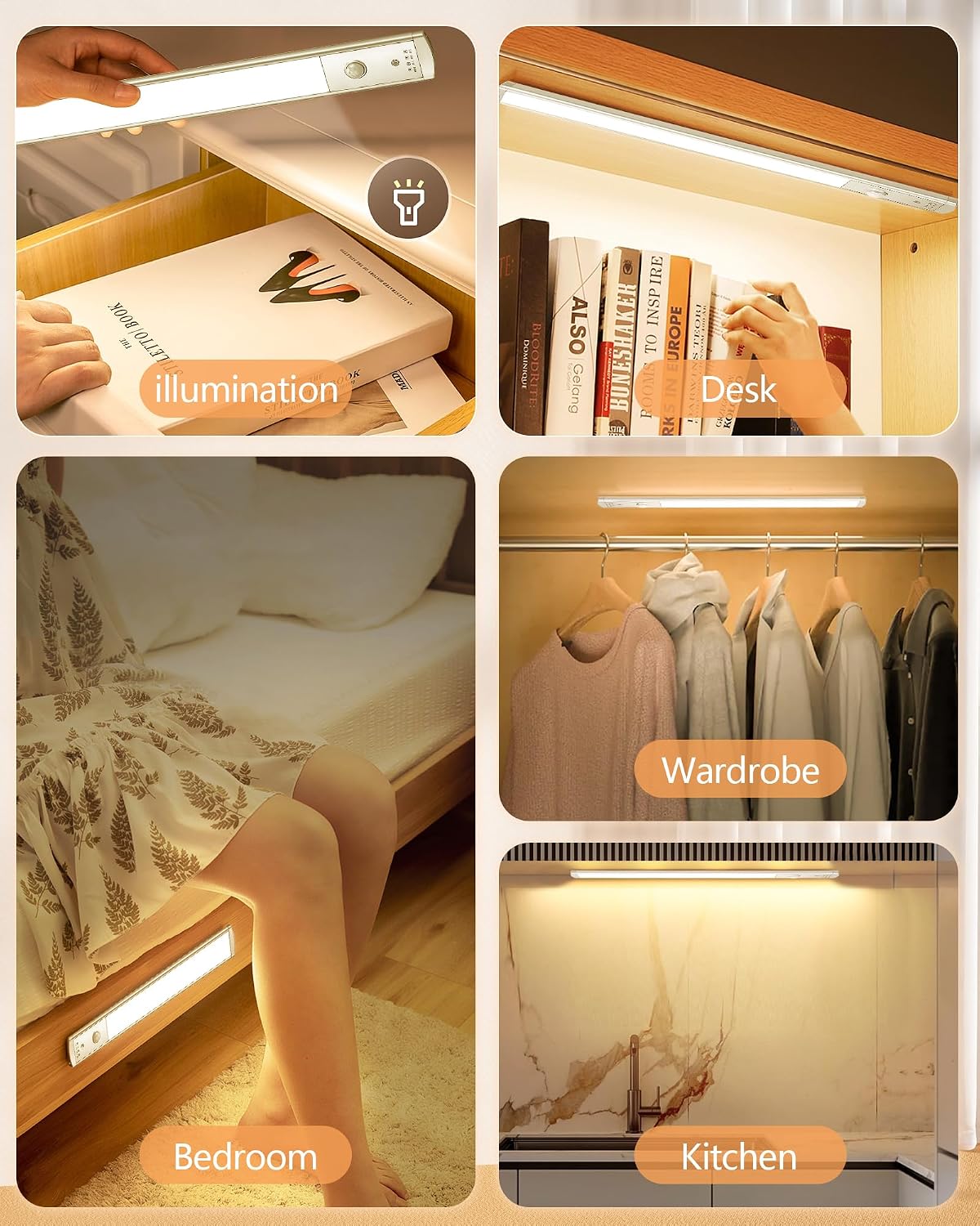 XADITON 44-LED Motion Sensor Cabinet Light - USB Rechargeable, Under Counter Closet Lighting for Kitchen Night Lights - Battery Powered, Uniform Light for Wardrobe, Cabinet, Cupboard - 2Pack
