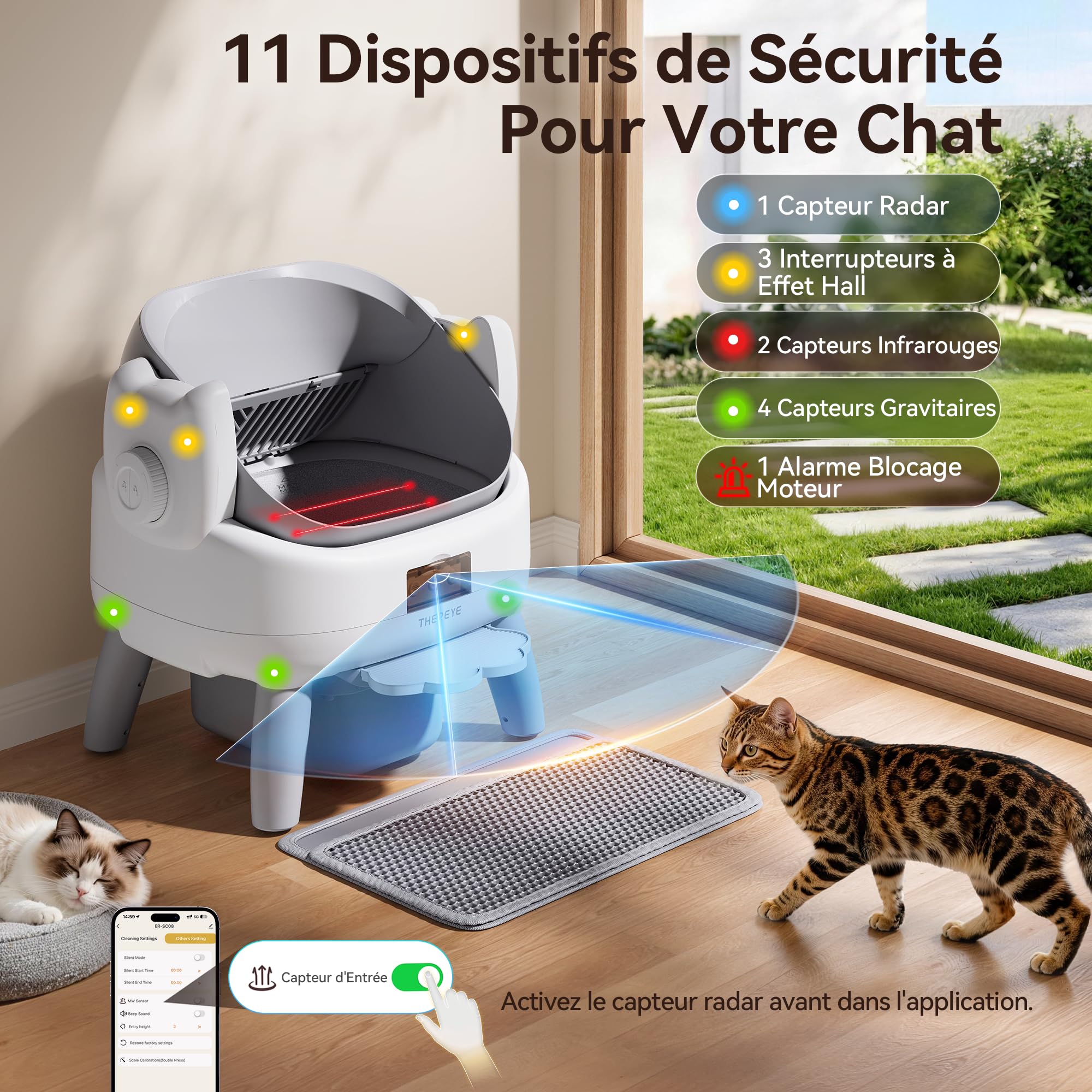 Thereye Litière Automatique Auto-Nettoyante, Litière pour Chat Autonettoyante 10L, 11 Capteurs Anti-Pincement, WiFi 2.4GHz App, Triple Anti-Odeur, Marche d’accès, Silencieux <35dB
