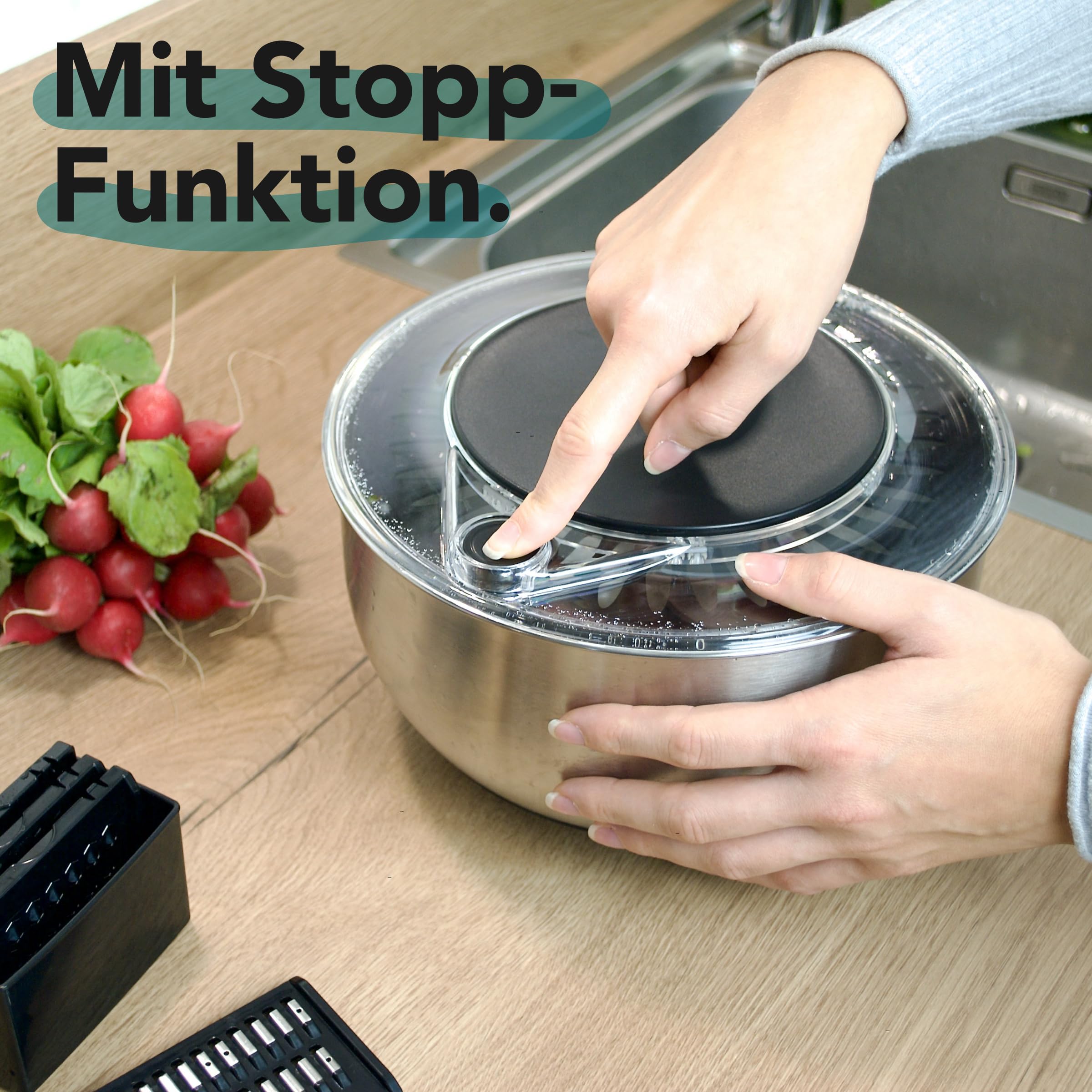 Cookery Salatschleuder aus Edelstahl (4,5l) + Gemüsehobel mit 5 Klingen | einfaches Salatschleudern durch rutschfesten Boden und Kurbelantrieb