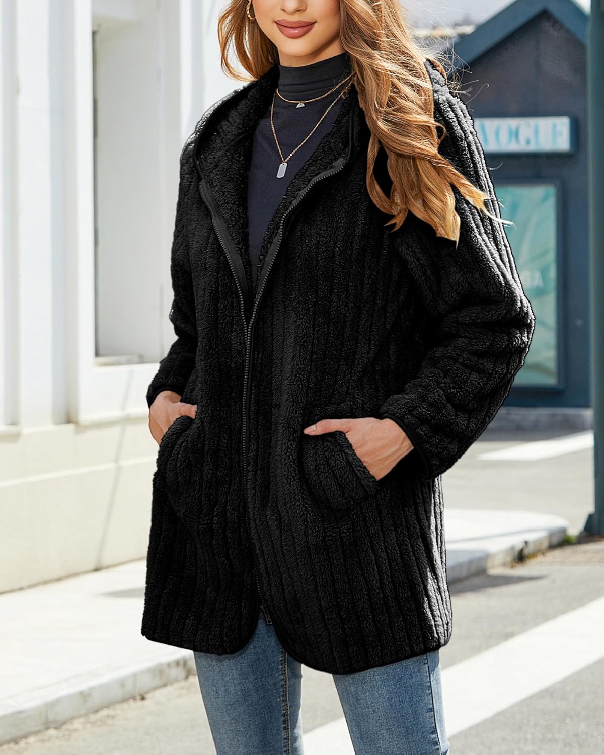 Womens Fleece Jacket Hooded Winter Warm Full Zip Long Sleeve Sherpa Jacket Coat Outerwear with Hood (S-5XL) - Image 3