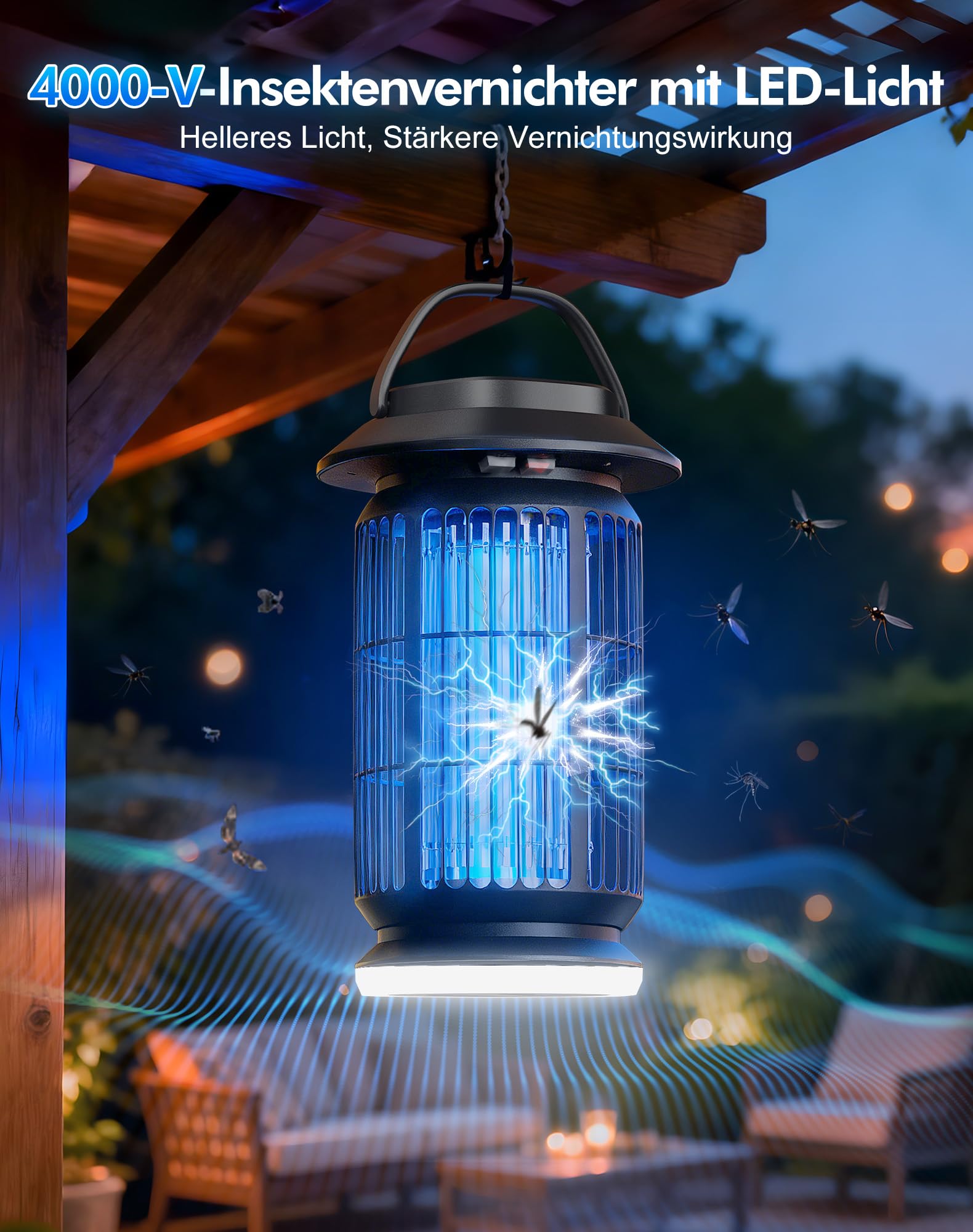 Insektenvernichter Elektrisch mit LED Licht, 4000V Mückenlampe Innen & Außen, 365nm UV Mückenfalle, IPX4 Wasserdicht, 100㎡ Abdeckung Fliegenfalle Lampe für Schlafzimmer, Balkon & Camping