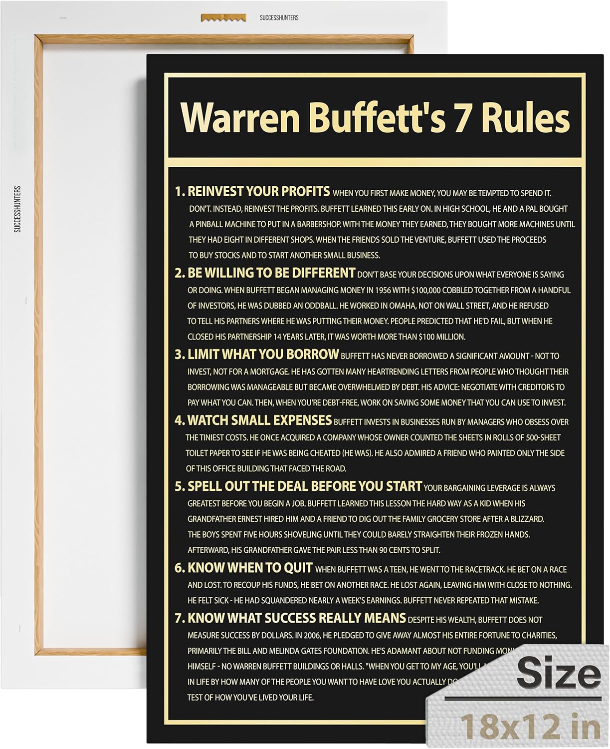 Warren Buffett’s 7 Rules Wealth Motivational Wall Art Invest Canvas Print Investor Office Decor, Millionaire Finance Sign, Investing Money Quote, Financial Invest Motivation (18″ x 12″ in)
