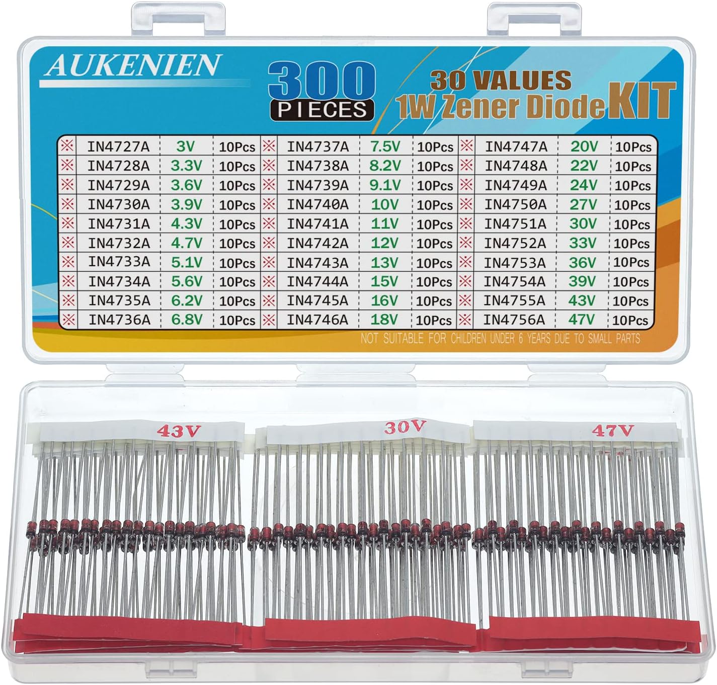 AUKENIEN 1W Zener Diode Kit 3V 3.3V 3.6V 3.9V 4.3V 4.7V 5.1V 5.6V 6.2V 6.8V 7.5V 8.2V 9.1V 10V 11V 12V 13V 15V 16V 18V 20V 22V 24V 27V 30V 33V 36V 39V 43V 47V Zener Diodes Diodos Assortment Pack